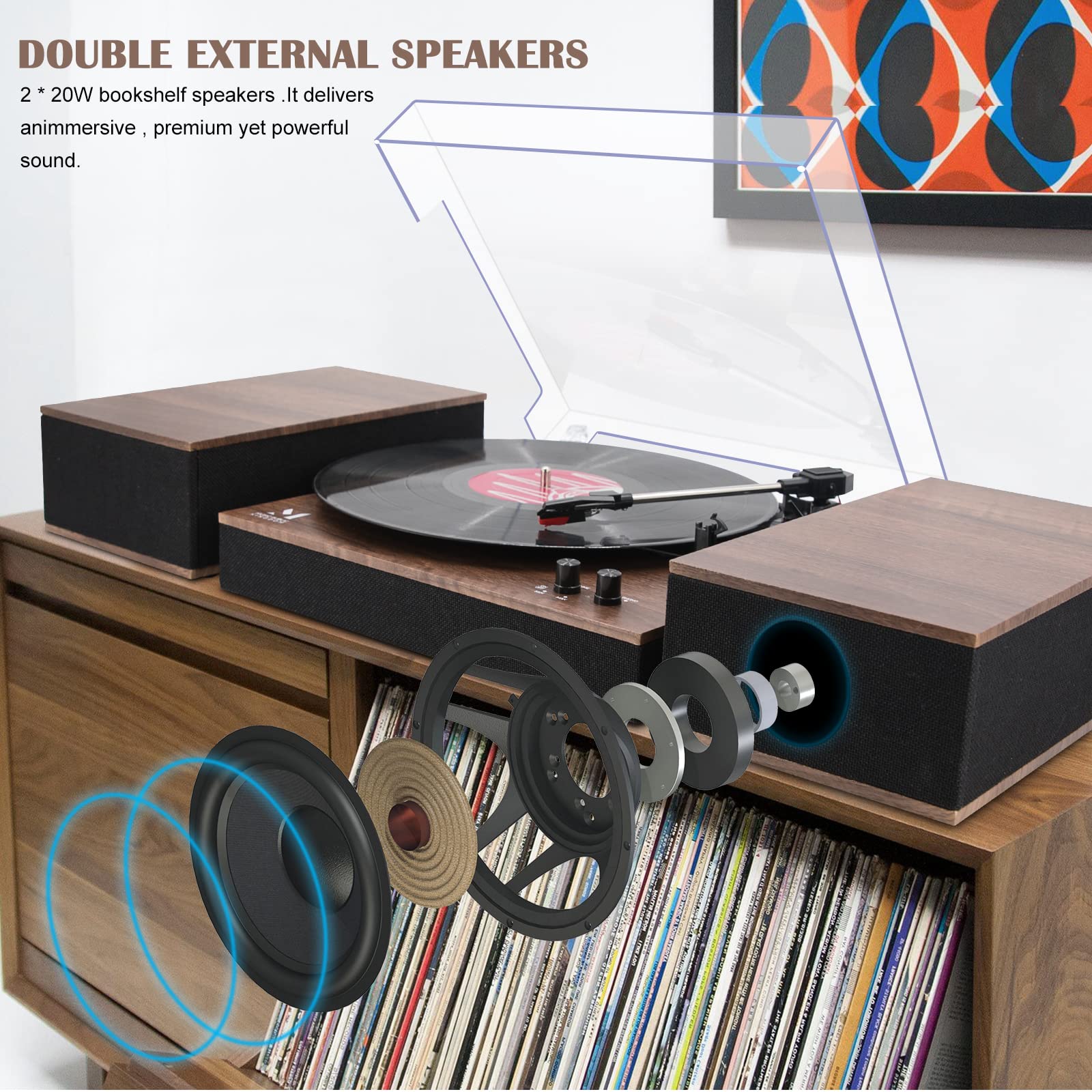 MPK Bluetooth Record Player - HiFi Turntable with Bookshelf Speakers, 3-Speed Belt-Drive Vinyl Player for Wireless Playback & Auto-Stop, Walnut Wood - Perfect for Home Entertainment & Vinyl Record Collection