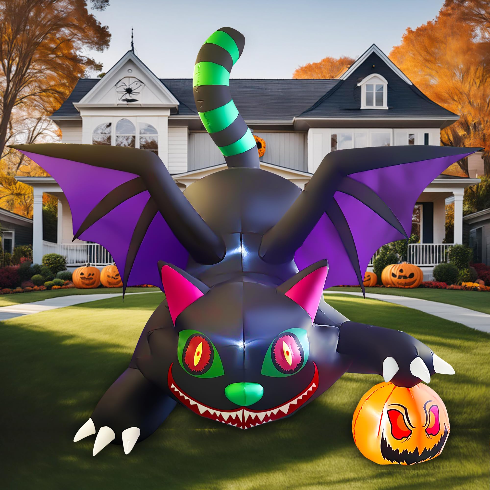 SEASONBLOW 8 Ft Halloween Inflatable Outdoor Decoration - LED Light Up Giant Black Cat with Wings & Pumpkin for Halloween Party, Indoor Outdoor Garden Yard Decor - Perfect for Spooky Halloween Displays & Front Yard Decorations