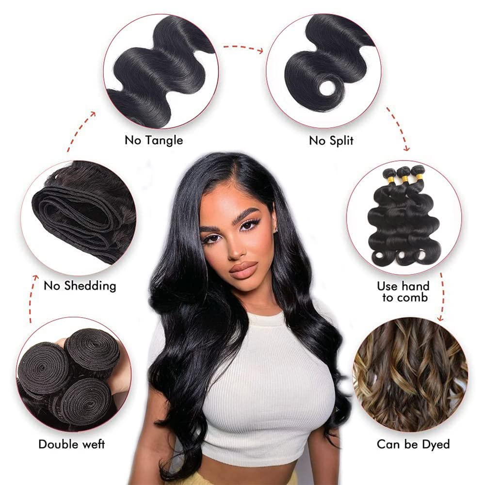 26 28 30 Inch 100% Unprocessed Brazilian Human Hair Bundles - Body Wave Weave 3 Bundles (300g) Natural Black Color for Sew-in, Clip-in Extensions & Styling