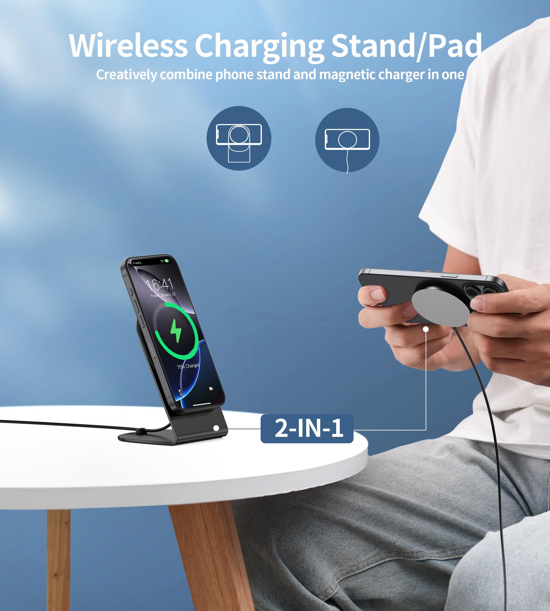 Magnetic Wireless Charging Stand for iPhone 16/15/14/13/12 Pro Max/Mini - 15W Fast Magsafe Charger with USB-C Cable & USB-A Adapter - Compatible with AirPods (No Power Adapter) | Perfect for Home, Office & Travel Charging