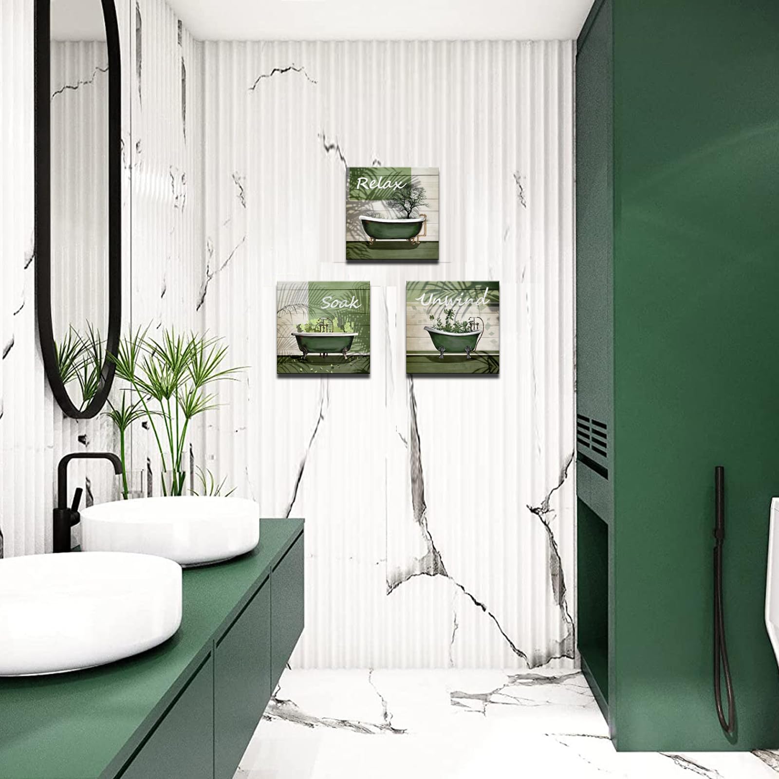 Botanical Leaf Wall Art - Green Bathroom Decor for Relaxing Soak - 12x12inch Canvas Print Set of 3