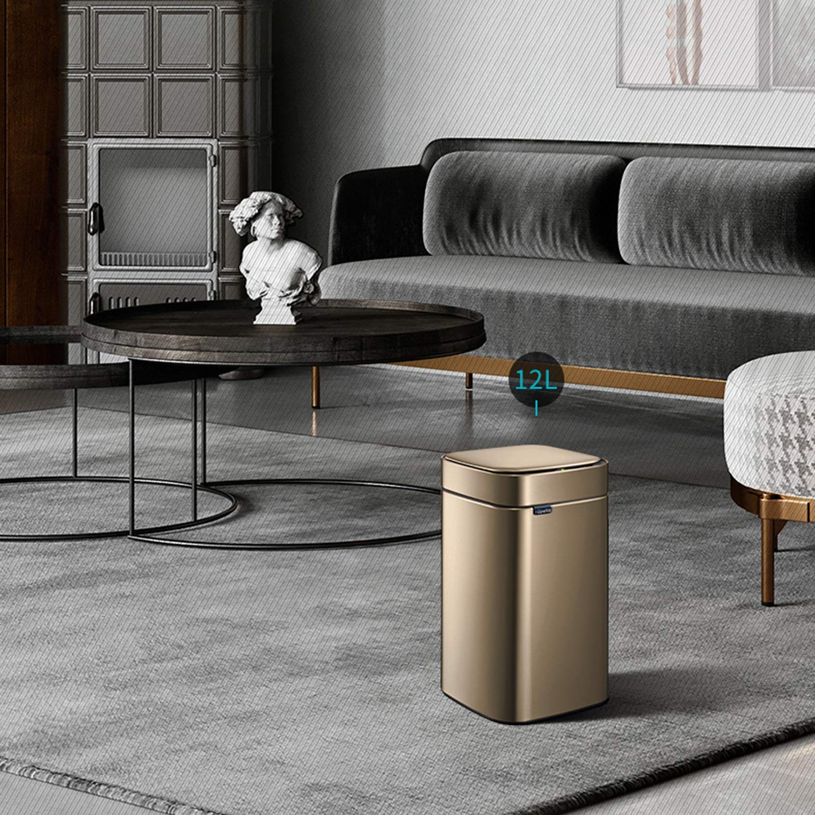 Automatic Induction Stainless Steel Trash Can with Soft Close Lid - 8L Capacity, Gold - Square Household Bedroom Living Room Kitchen Bin for Home, Office & Bathroom Use