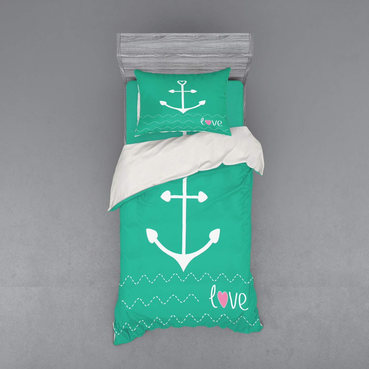 Ambesonne Anchor Duvet Cover Set - Sailor Love & Loyalty Design with Heart Anchors & Wavy Lines, 3-Piece Bedding Set (Twin XL, Green Pink White) - Perfect for Nautical Themed Bedrooms, Beach Houses & Romantic Getaways