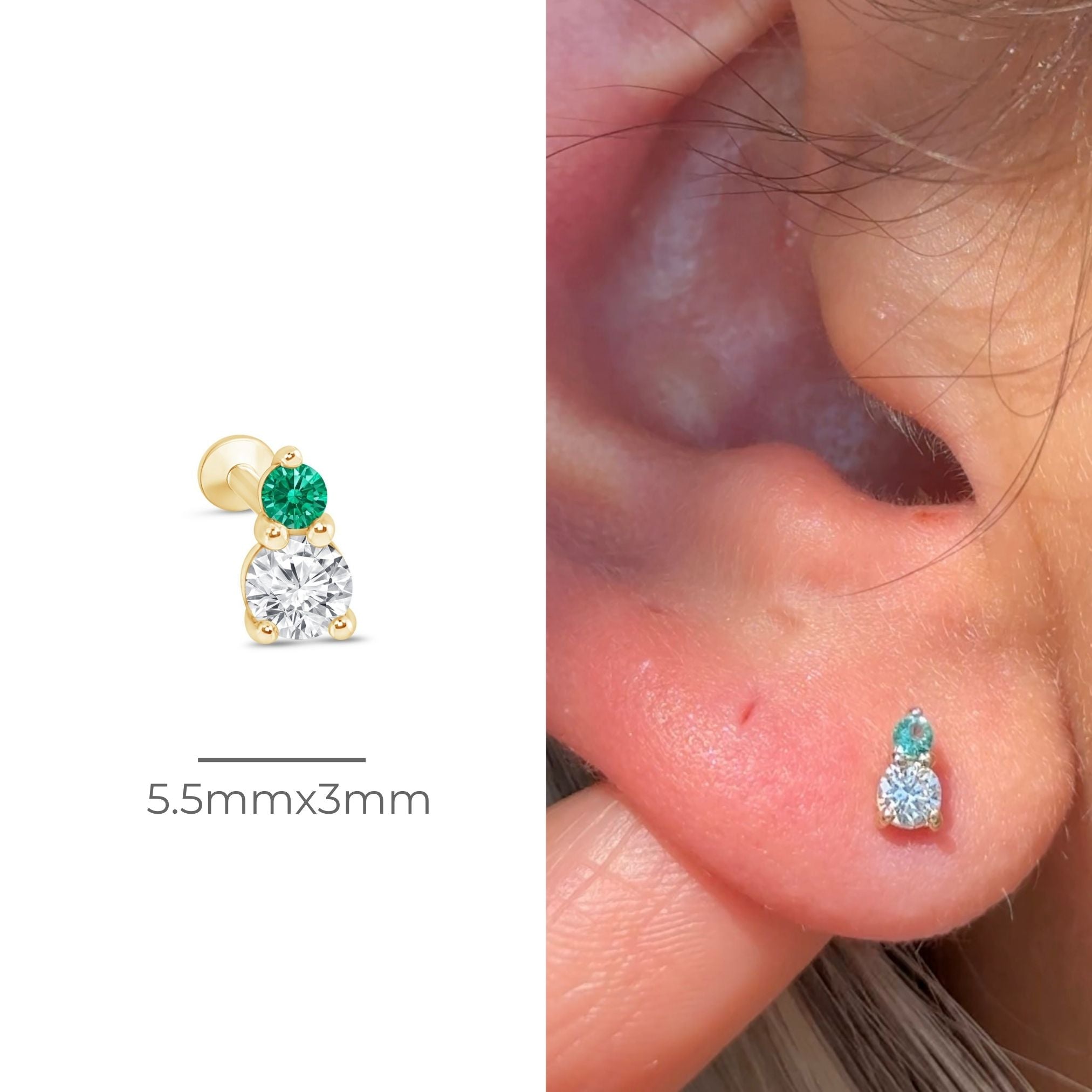 14K Solid Yellow Gold Diamond & Emerald Flat Back Stud Earrings for Women - Perfect for Everyday Wear, Parties & Special Occasions