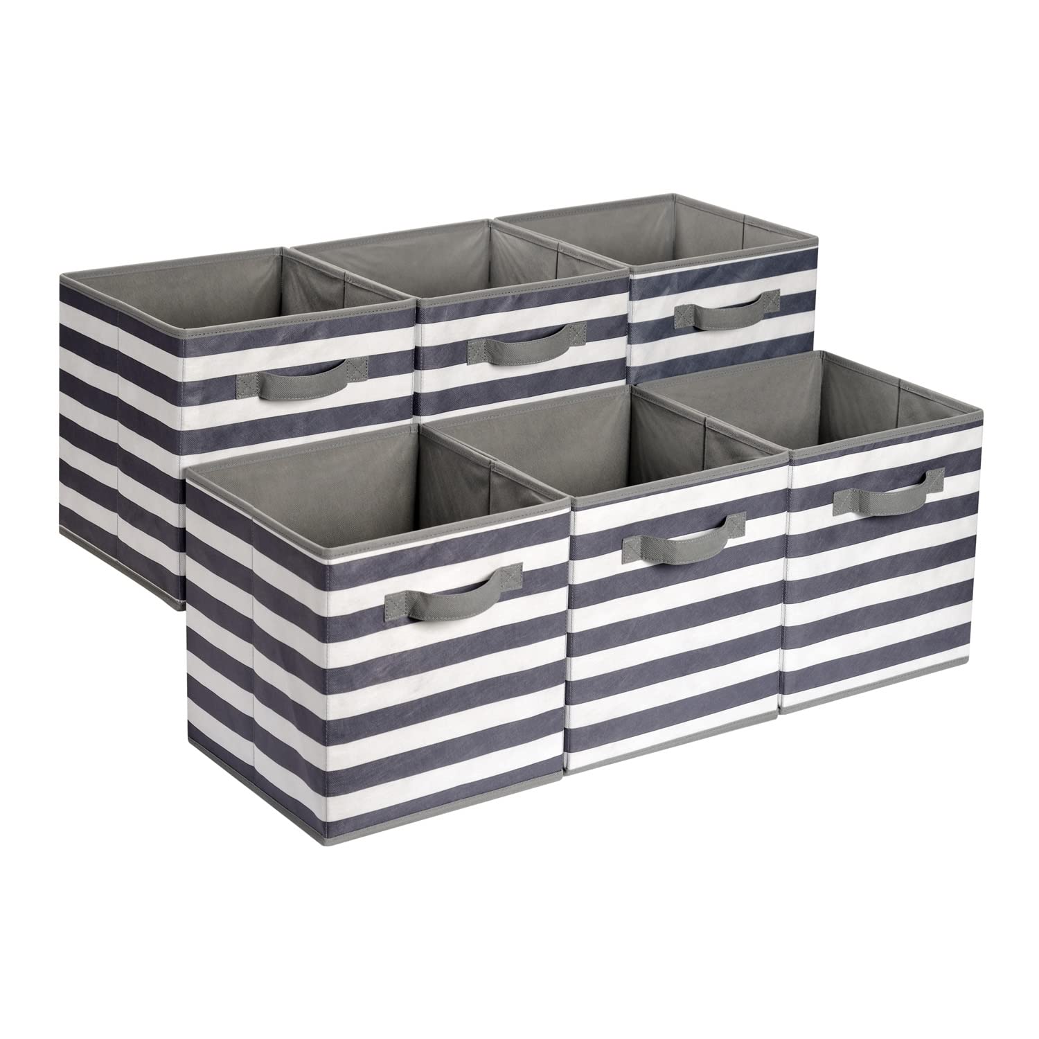 Amazon Basics Cube Organizer Storage Bins with Handles - Collapsible Fabric Storage Cubes, 13x13x13 Inches, White & Light Grey Stripe (Pack of 6) - Perfect for Closet, Nursery, Office, and Home Organization