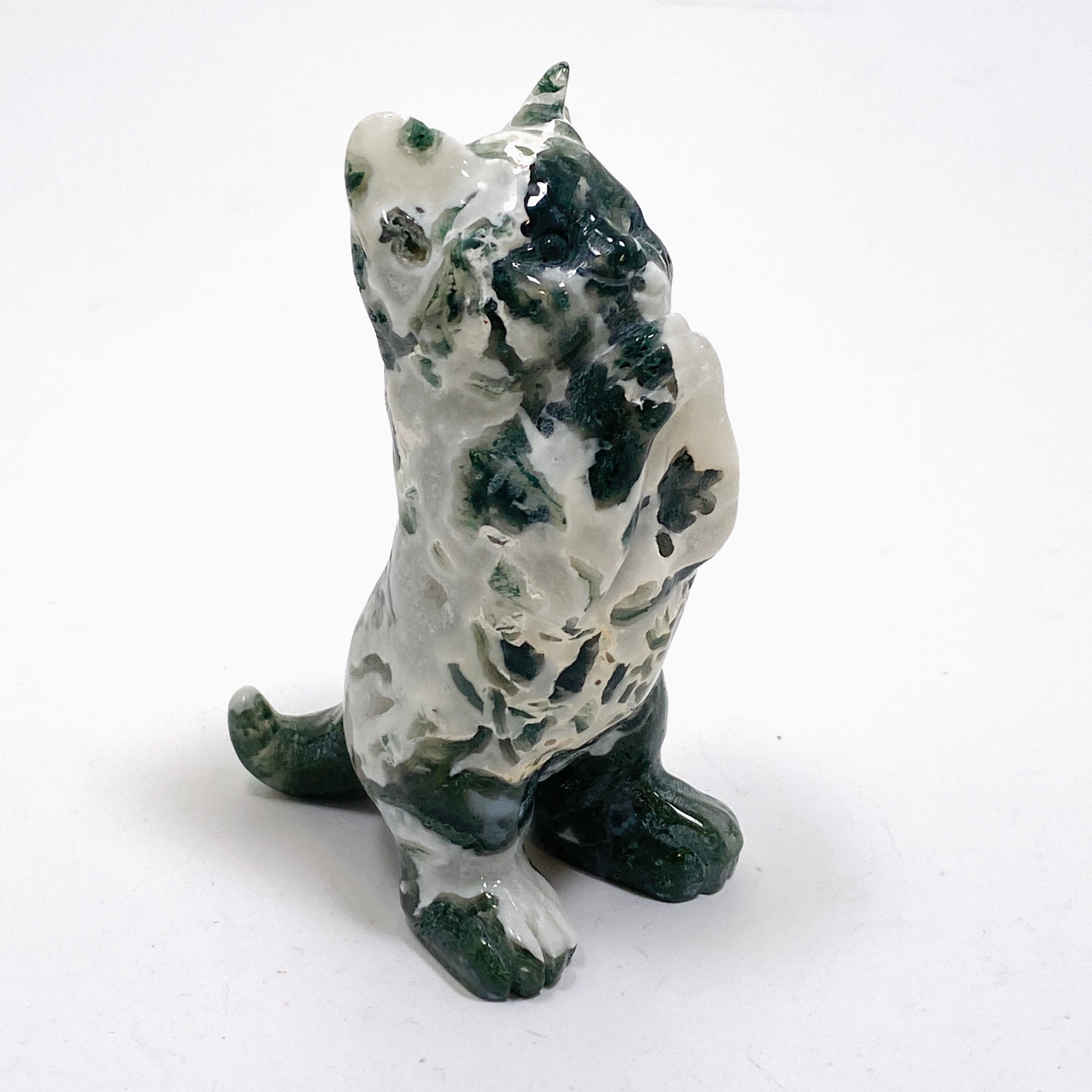 Natural Moss Agate Cat Carving Handmade Figurine - MAC 04 - Spiritual Healing Stone for Home Decor, Meditation & Gifts