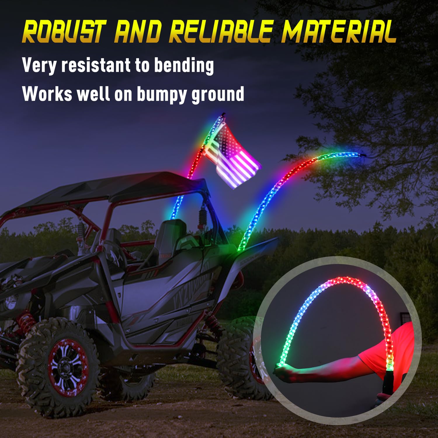Super Bright RGB LED Whip Light - 5FT Colorful Chasing Light Bar with Spring Base, IP67 Waterproof, App & Remote Control for ATV, UTV, Boat, Truck - Perfect for Off-Road Adventures, Night Rides & Vehicle Customization