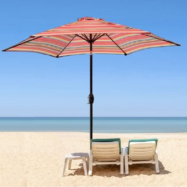 8.6-Foot Red Stripes Hexagonal Patio Umbrella with Push Button Tilt & Crank Lift - Waterproof Polyester Shade for Outdoor Dining, Poolside, Garden & Backyard Relaxation