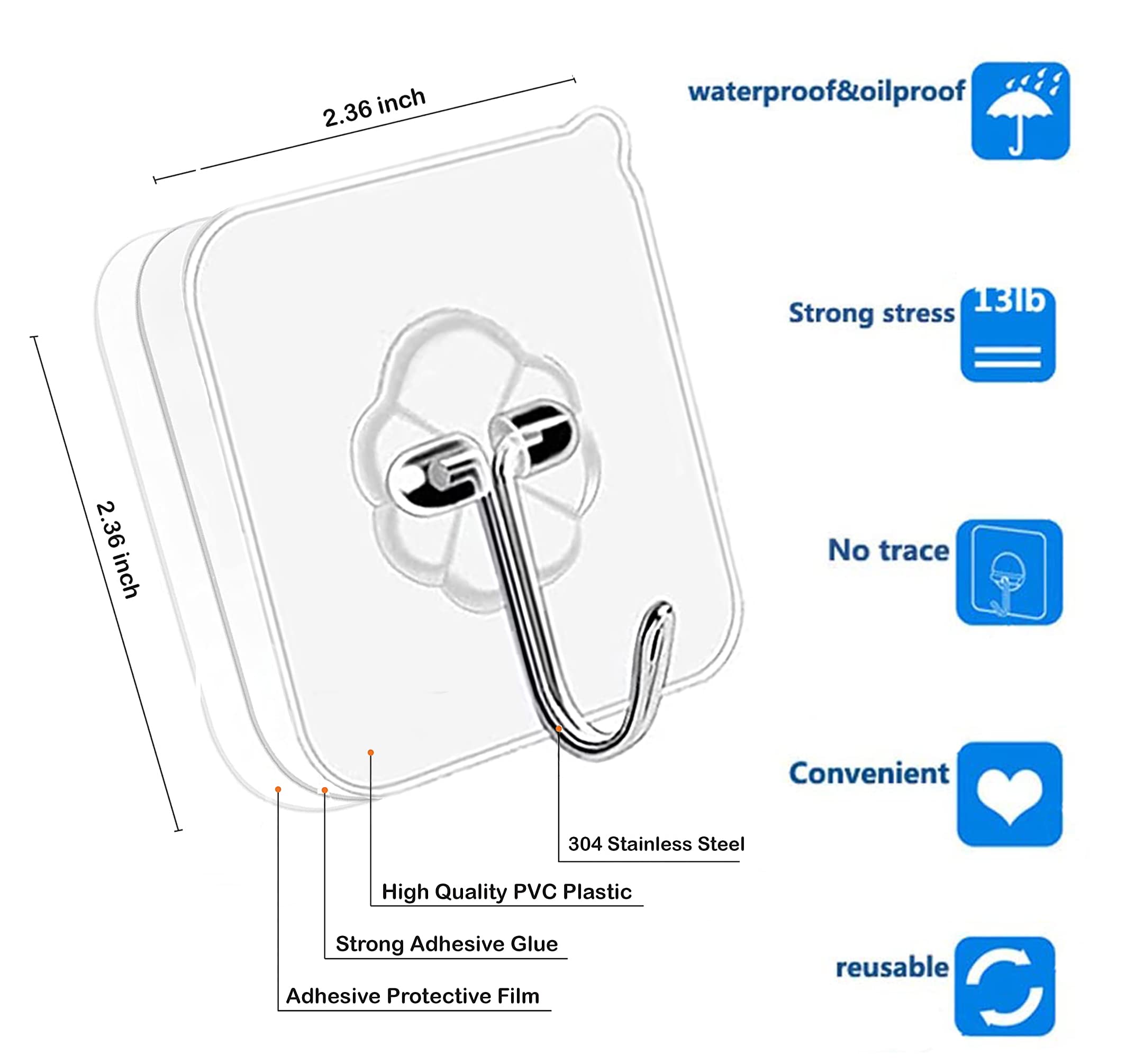 24 Pack Heavy Duty Adhesive Hooks - 33lb Max Weight, No Nail Wall Hangers with Stainless Steel Hooks, Waterproof & Oilproof for Kitchen, Bathroom, Ceiling - Perfect for Hanging Towels, Utensils & Decor