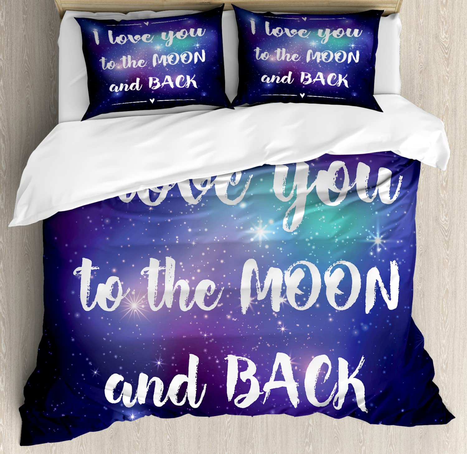 Ambesonne Outer Space Duvet Cover Set - 'I Love You to The Moon and Back' Typography, King Size 2-Pack with 2 Duvet Covers & 4 Pillowcases, Dark Purple & White Galaxy Print Bedding - Perfect for Couples' Bedrooms, Space-Themed Decor, and Gift Giving