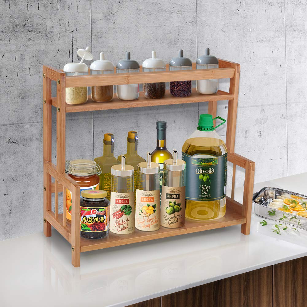 2-Tier Bamboo Spice Rack Organizer - Rustic Wooden Countertop Shelf for Coffee Station, Kitchen Storage & Makeup Display | Perfect for Spice Jars, Syrup Bottles & Small Decor
