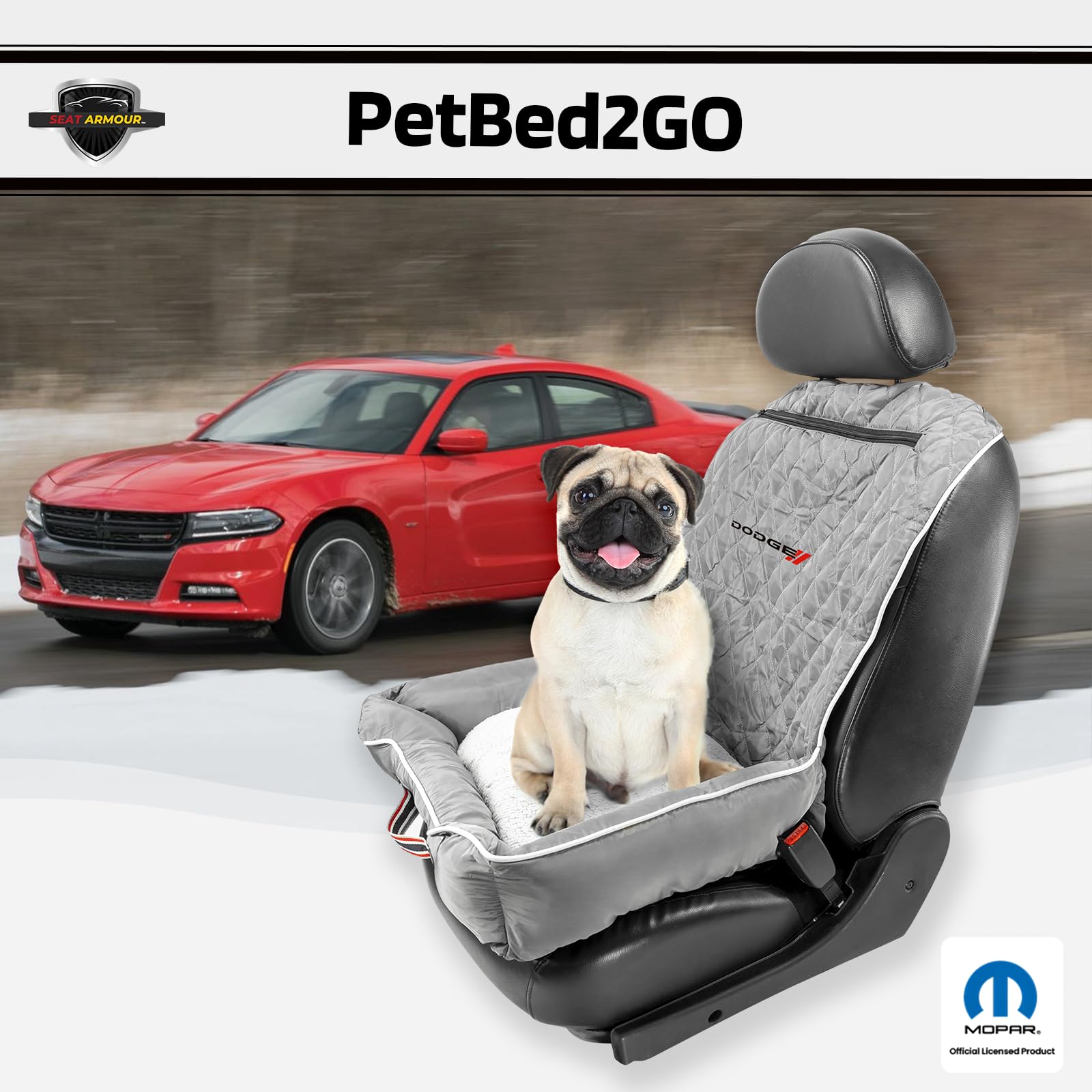 **Dodge PetBed2GO Dog Car Seat Cover – 2-in-1 Pet Bed & Seat Protector – Waterproof, Non-Slip, 26x20x6 Inches, Gray – Perfect for Travel & Daily Commute**