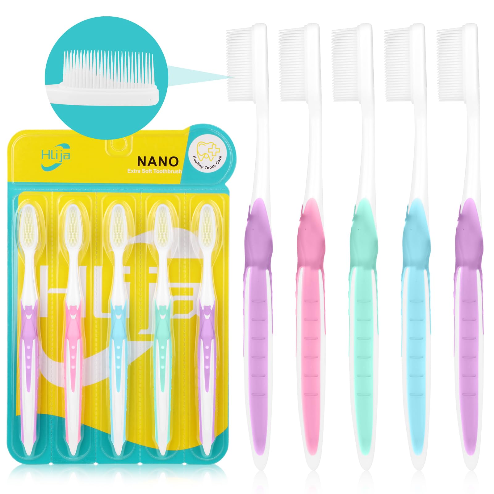 Hlija 5 Pack Nano Soft Bristle Silicone Toothbrushes for Sensitive Teeth & Gums - Travel Friendly Individually Wrapped Toothbrush Set - Perfect for Home, Office & On-the-Go Oral Care