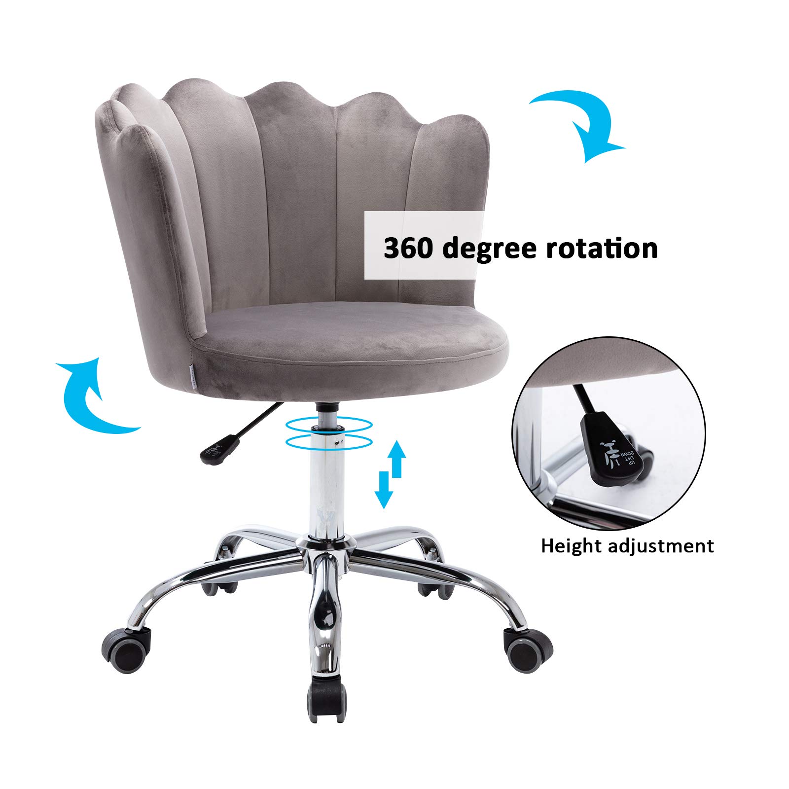 Modern Velvet Swivel Chair - Mid Century Upholstered Accent Chair with Adjustable Height, Velvet Desk Chair & Vanity Stool for Living Room, Bedroom, Home Office - Comfortable Leisure Armchair (Gray) | Perfect for Reading Nooks, Makeup Vanities & Small Space Decor