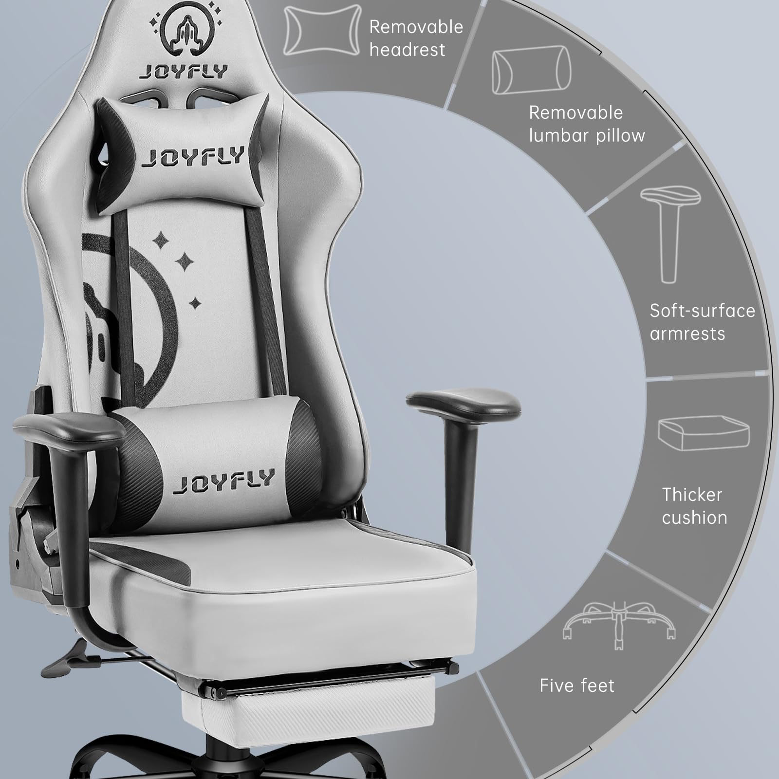JOYFLY Ergonomic Gaming Chair with Footrest & Lumbar Support - High Back Racing Style PC Computer Office Chair for Adults - 350lbs Weight Capacity, Grey - Perfect for Esports, Streaming & Home Office Work