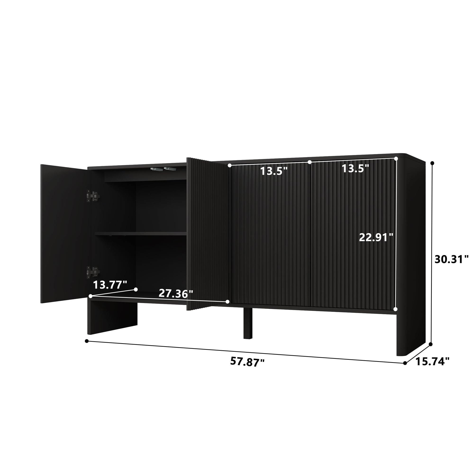 Modern Sideboard Buffet Cabinet with 4 Fluted Doors & Adjustable Shelves - Wood Credenza Storage Console for Kitchen, Dining Room, Living Room & Entryway - Stylish Home Organization Solution (Black)