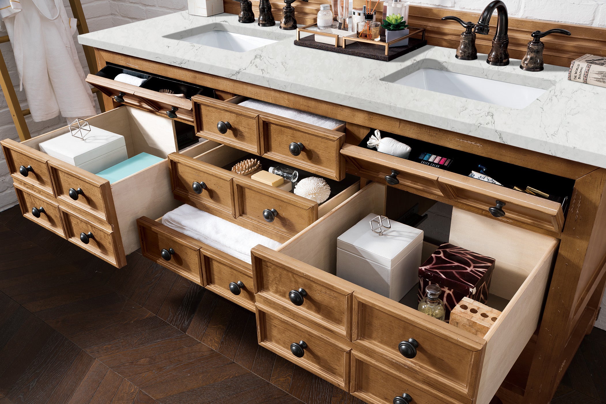 Malibu 72 Inch Double Bathroom Vanity with Honey Alder Wood & 3CM Eternal Jasmine Pearl Quartz Top - Perfect for Master Bathroom or Guest Bath Remodel