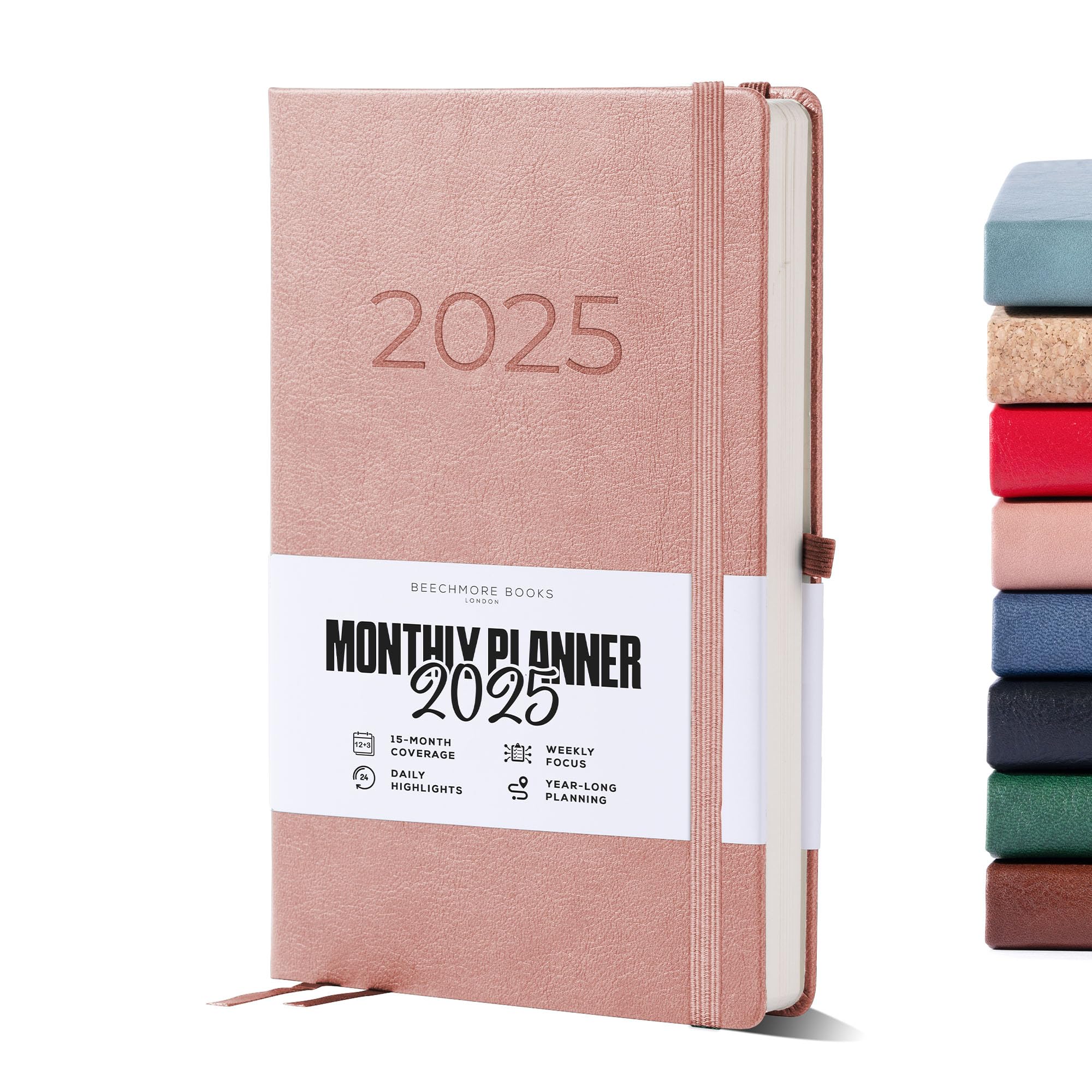 Beechmore Books 2025 Planner - A5 Size, Rose Vegan Leather Hardcover Journal | 120gsm Thick Paper, Year & Month View, Goal Setting & Appointment Sections | Perfect for Daily Planning, Work Organization & Gift Giving