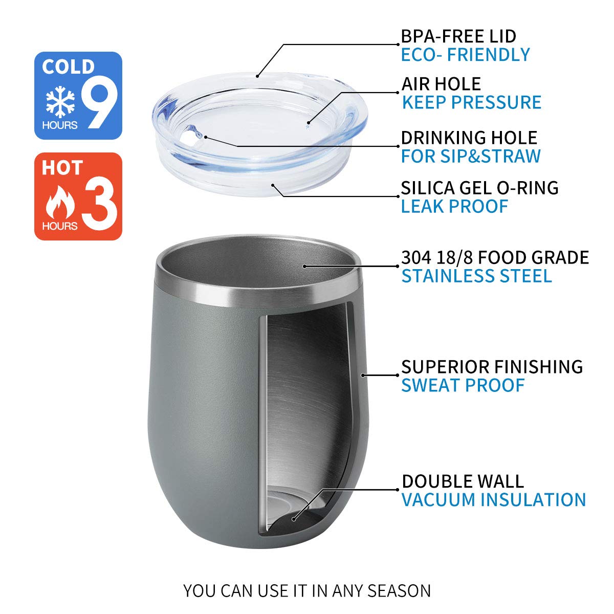HASLE OUTFITTERS 12oz Stainless Steel Wine Tumbler with Lid - Double Wall Vacuum Insulated Stemless Wine Glass for Hot & Cold Drinks - Travel Mug for Coffee, Cocktails, Beer - Set of 6 (Grey) - Perfect for Camping, Picnics, Office & Outdoor Adventures
