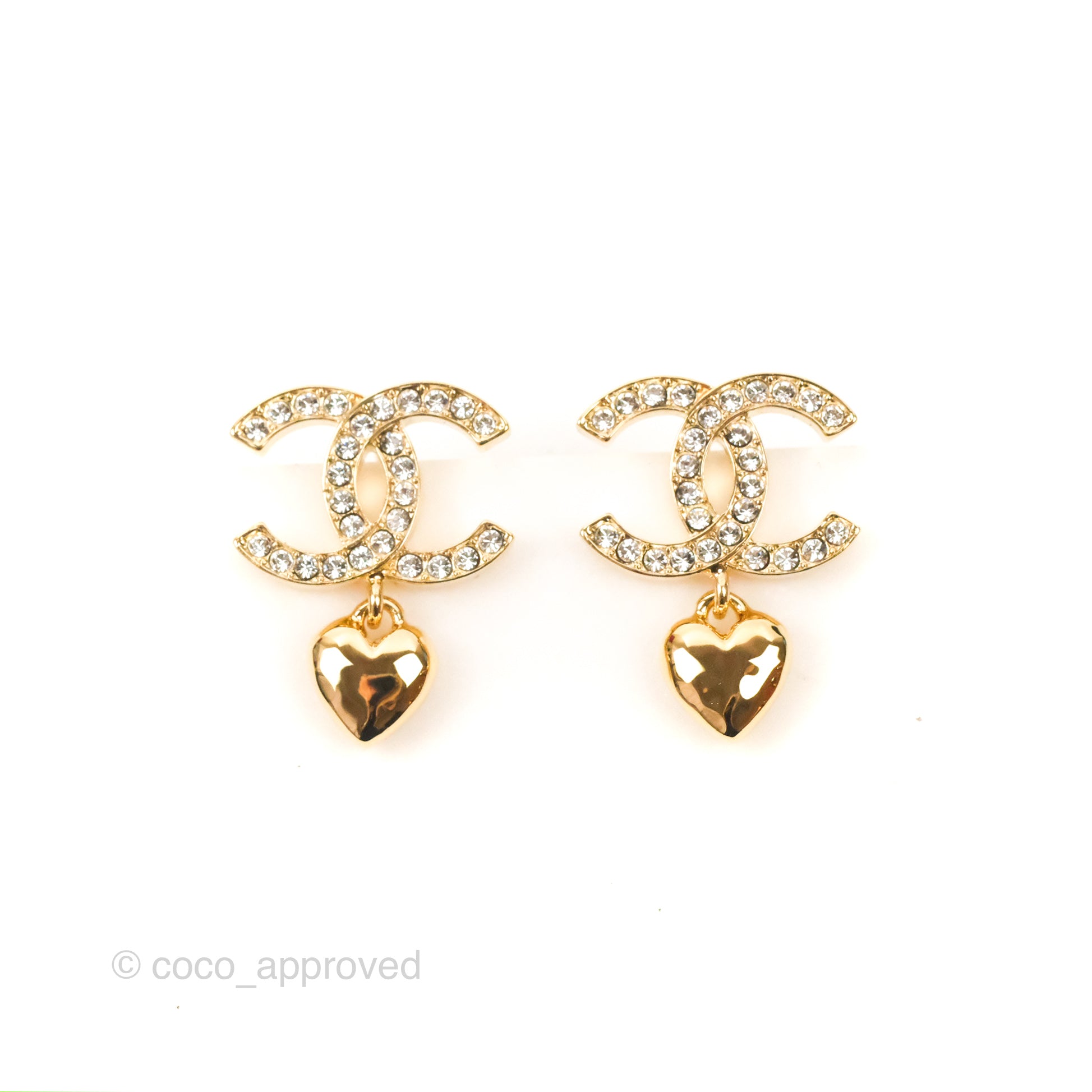 Chanel CC Crystal Heart Drop Earrings in Gold Tone - 23P Collection | Luxury Fashion Jewelry for Women, Perfect for Parties, Weddings & Special Occasions