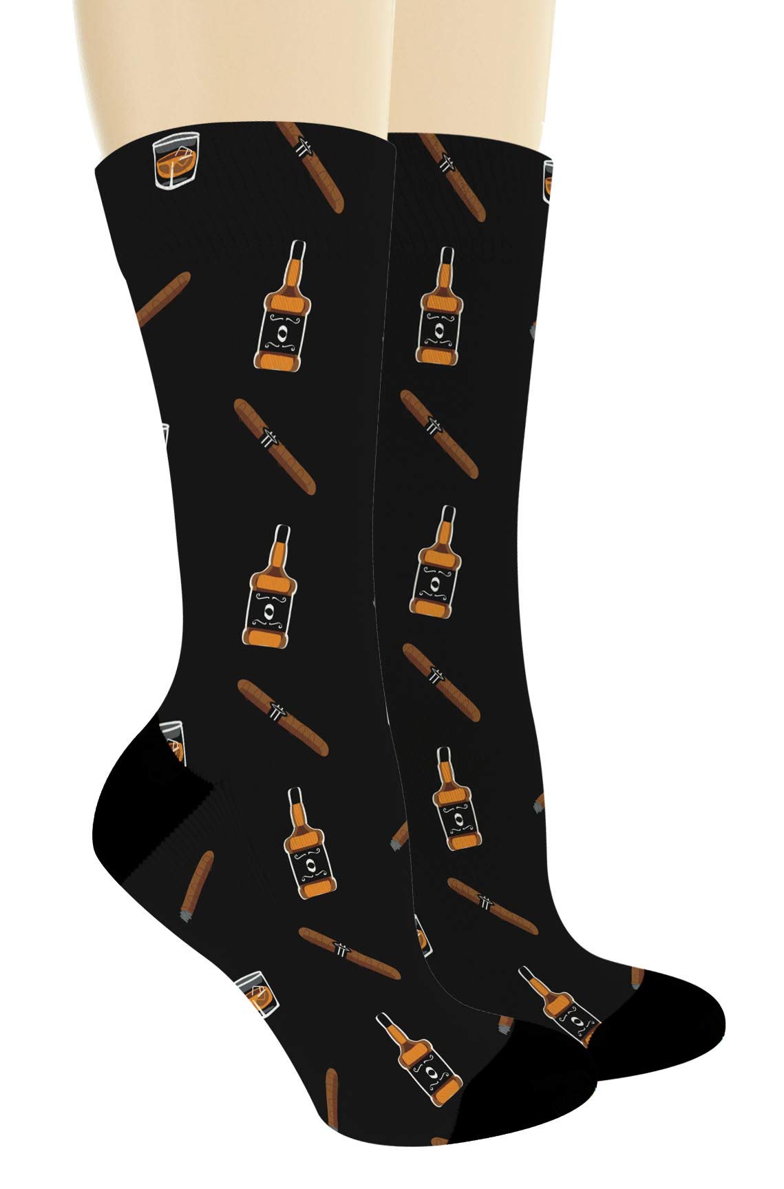 Whiskey & Cigars Socks - Fun Alcohol Themed Novelty Crew Socks for Men & Women - Perfect Gift for Whiskey Lovers & Cigar Enthusiasts - Great for Parties, Gag Gifts & Casual Wear