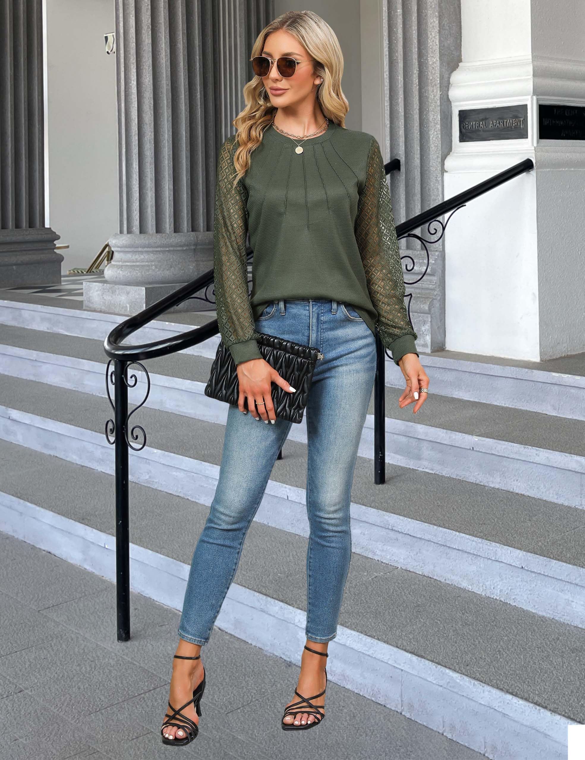Blooming Jelly Women's Waffle Knit Tops - Elegant Business Casual Blouses with Lace Detail Long Sleeve Work Shirts for Fall | Perfect for Office Wear, Business Meetings & Autumn Outfits
