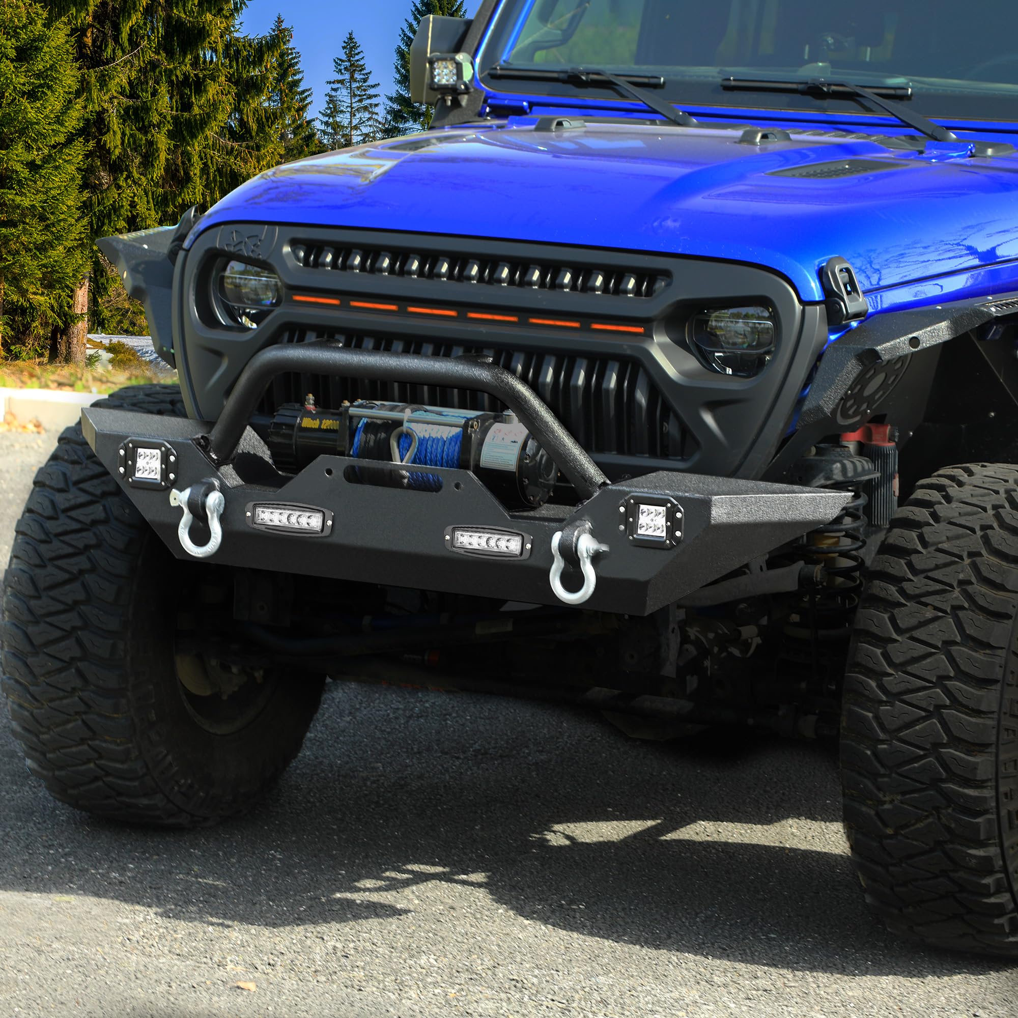 YITAMOTOR Heavy Duty Front Bumper for 2018-2025 Jeep Wrangler JL & 2020-2025 Jeep Gladiator - Rock Crawler Off-Road Bumper with 4 LED Lights & 2 D-Rings - Perfect for Off-Roading, Trail Riding & Jeep Modifications