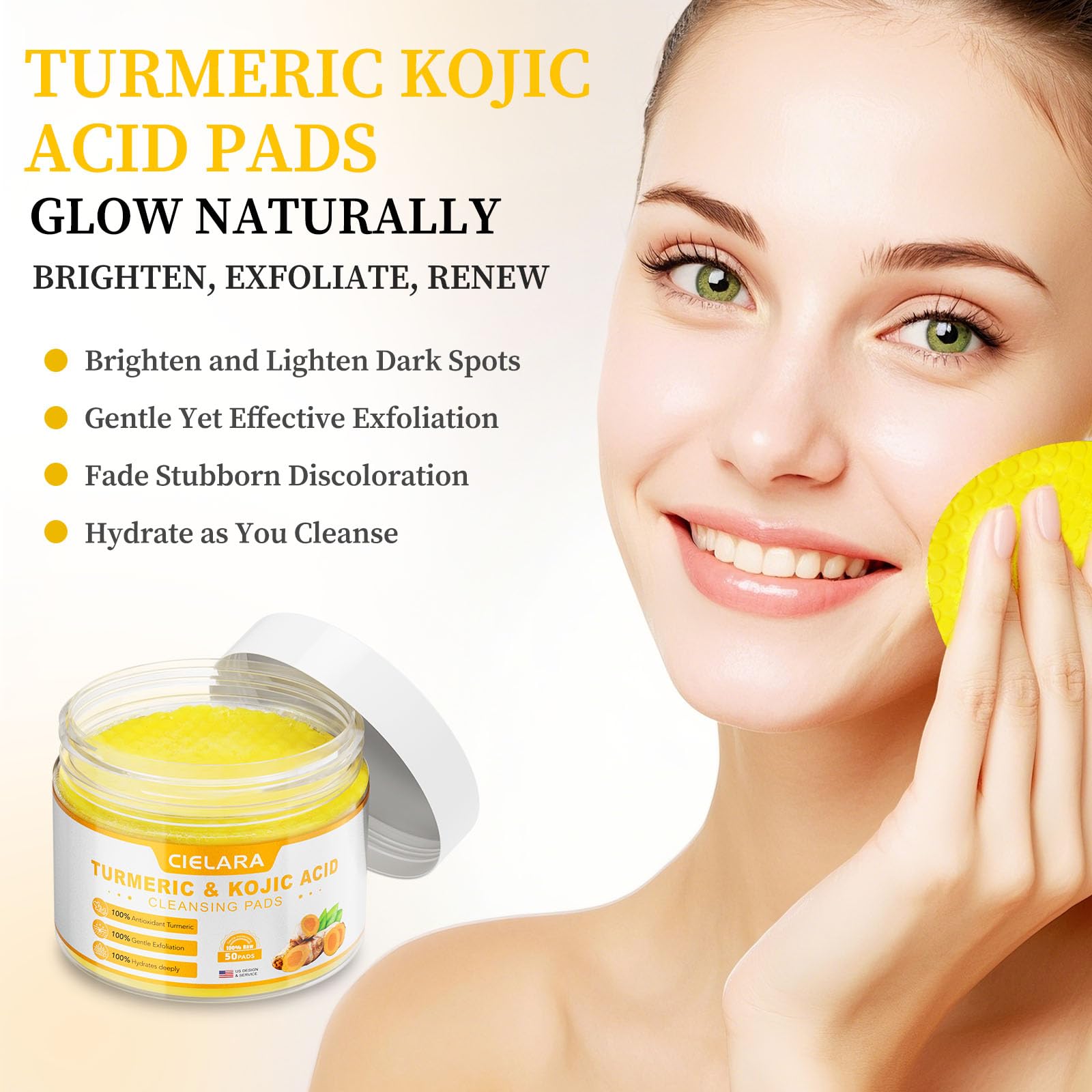 CIELRA Turmeric Kojic Acid Cleansing Pads for Dark Spots & Hyperpigmentation - Brightening Face Treatment with Vitamin C & E for Acne-Prone Skin | Deep Pore Cleanser for Daily Skincare Routine & Post-Makeup Removal