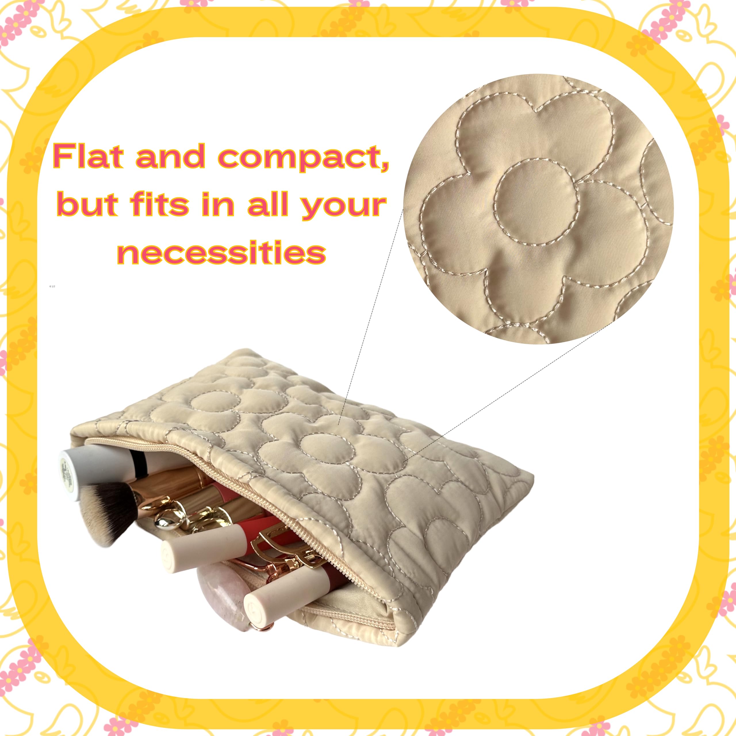 Quilted Flower Makeup Bag for Women - Cosmetic Organizer Pouch for Purse & Travel