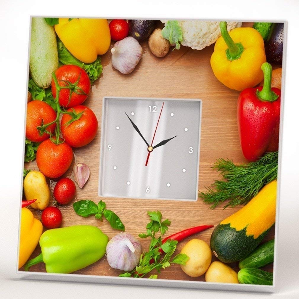 Farmhouse Kitchen Wall Clock - Rustic Wood Framed Mirror Art with Vegetables Decor for Home, Dining Room & Gift Ideas | Perfect for Farmhouse, Country & Vintage Style Interiors