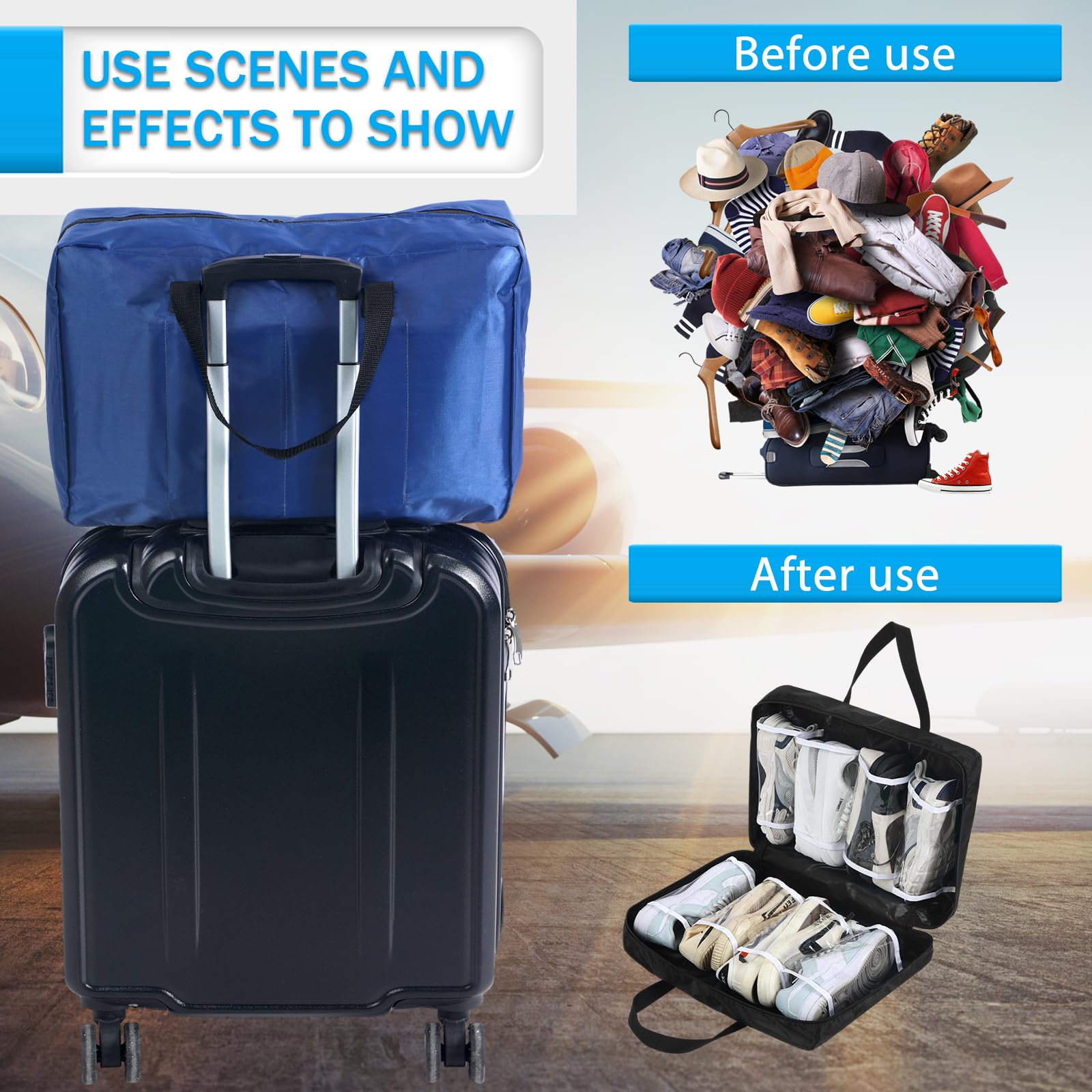 2 Pack Travel Shoe Bags with Handles - Waterproof Portable Shoe Organizer for Luggage, Gym & Storage - Fits Multiple Shoes (Black & Blue) - Perfect for Air Travel, Vacation & Sports Equipment Organization