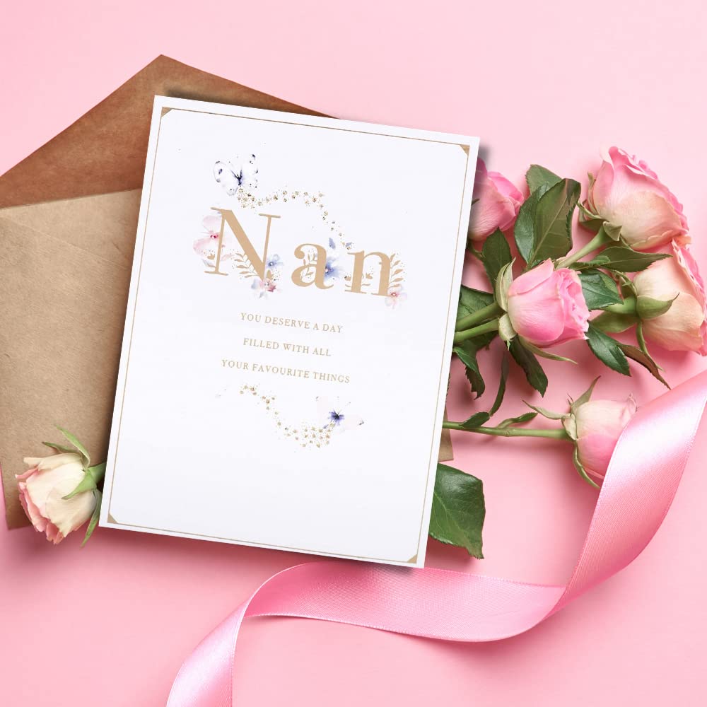 Clintons White Butterflies Nan Birthday Card - 184x133mm, Multi-Color Design (1152809) - Perfect for Grandmother's Birthday, Mother's Day & Special Occasions