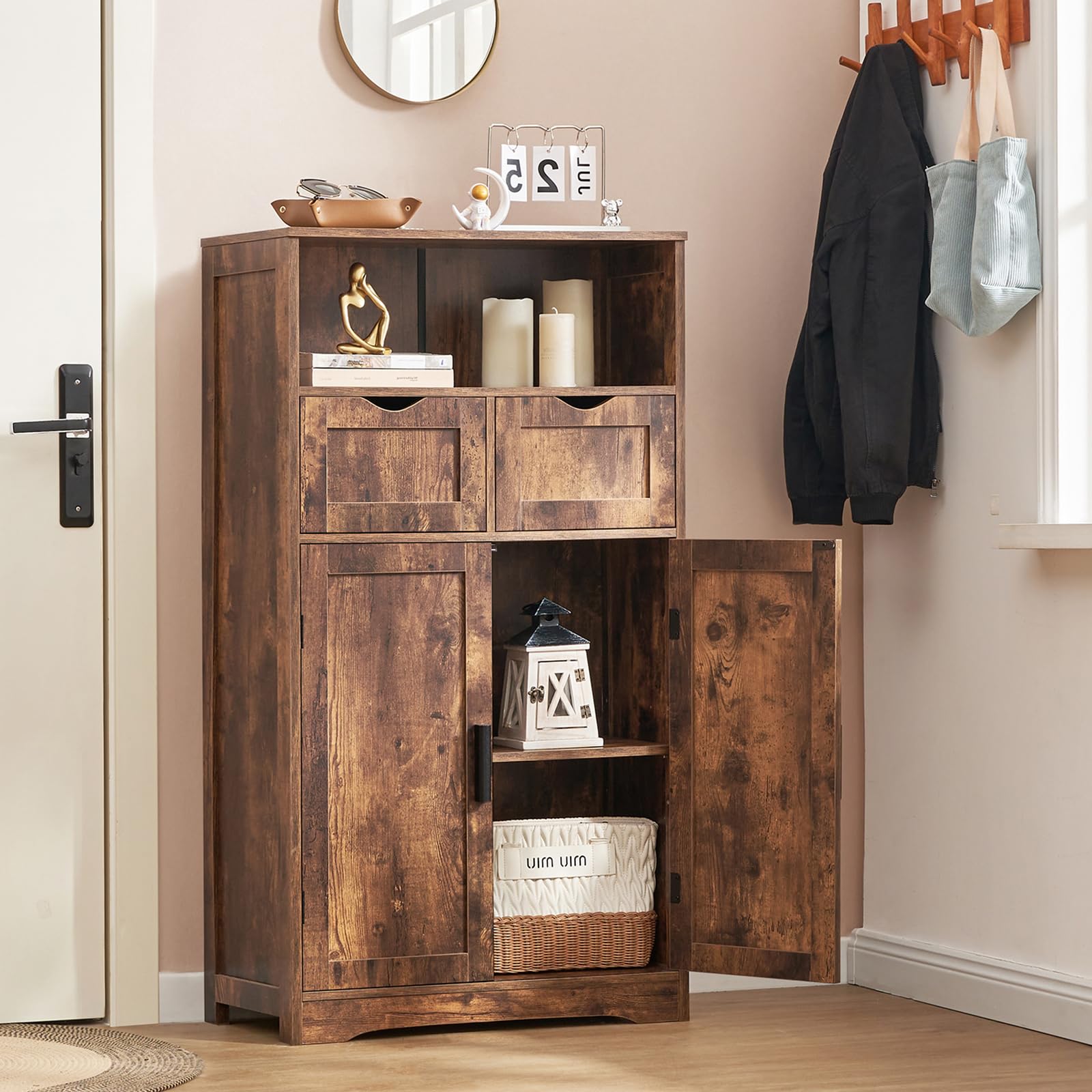 Iwell 2-Drawer Storage Cabinet with Adjustable Shelves, Rustic Brown Cupboard for Living Room, Home Office - Organize Clothes, Books & Home Essentials