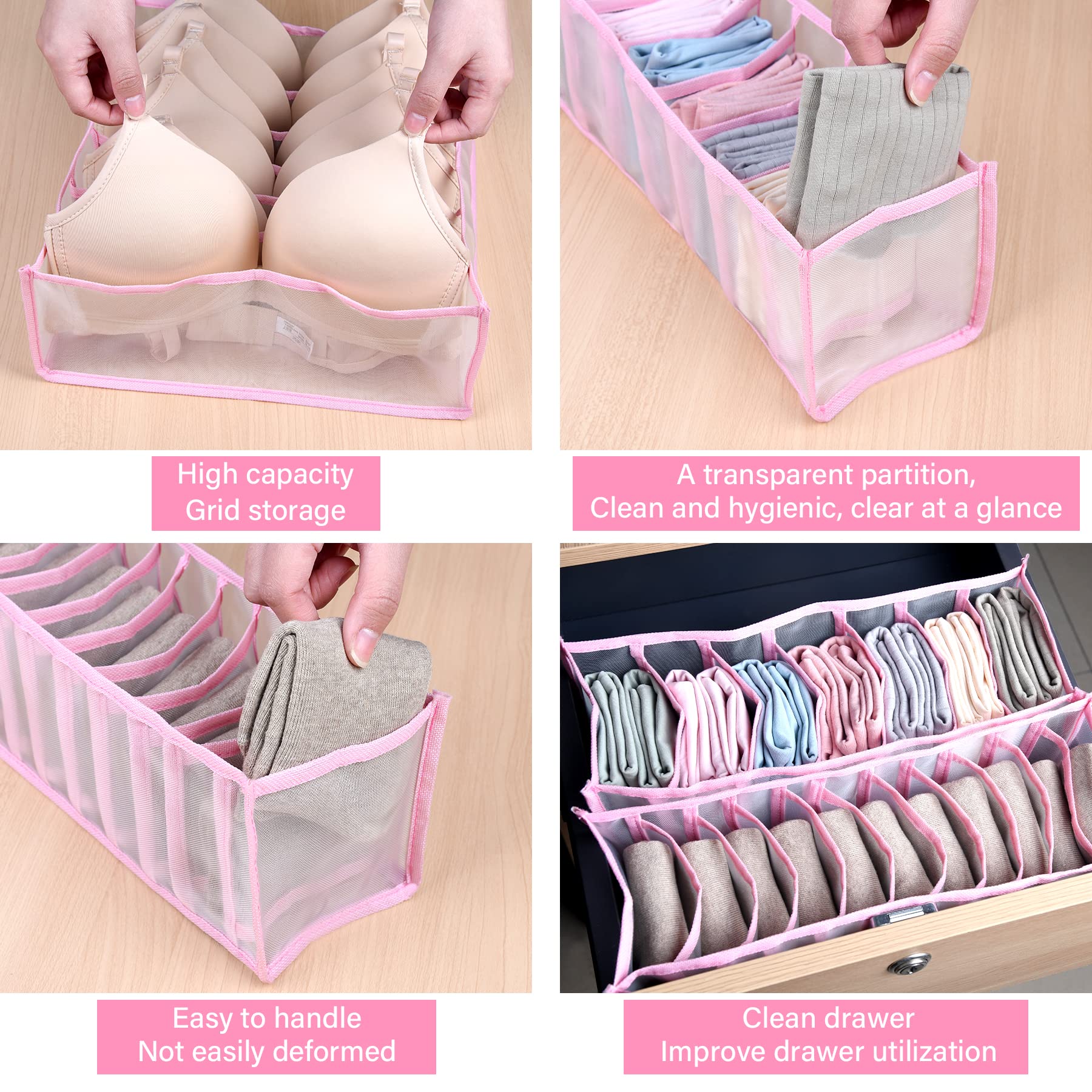 3-Piece Underwear Organizer Set with 6,7,11 Grids - Portable Wardrobe Storage Baskets for Bras, Socks, Underwear, Jeans & Scarves - Gray Closet Drawer Organizer for Bedroom & Travel Use