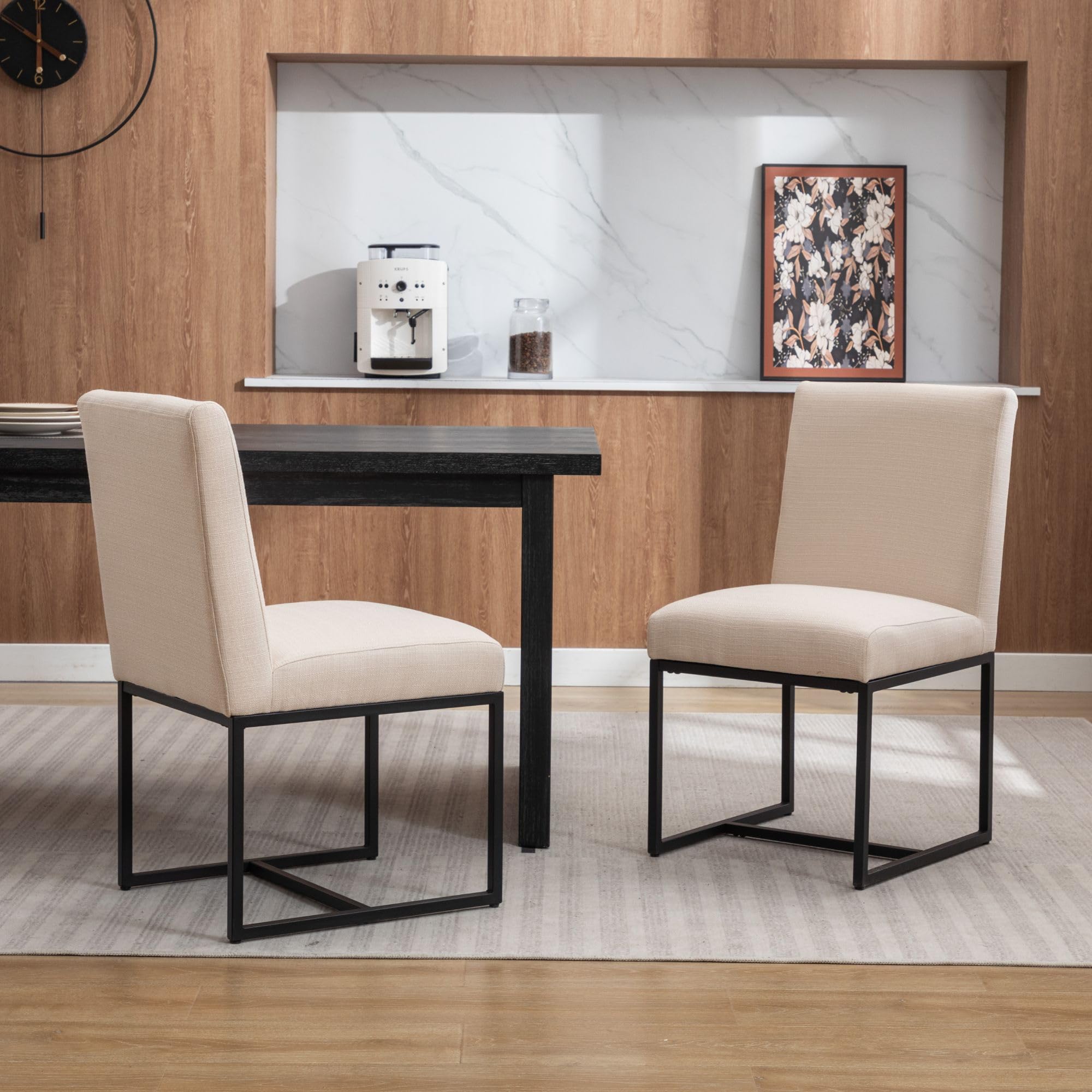 Modern Fabric Dining Chairs Set of 2 - Linen Upholstered Mid Century Kitchen Chairs with Black Metal Legs - Beige Dining Room Chairs for Home, Restaurant & Office Use