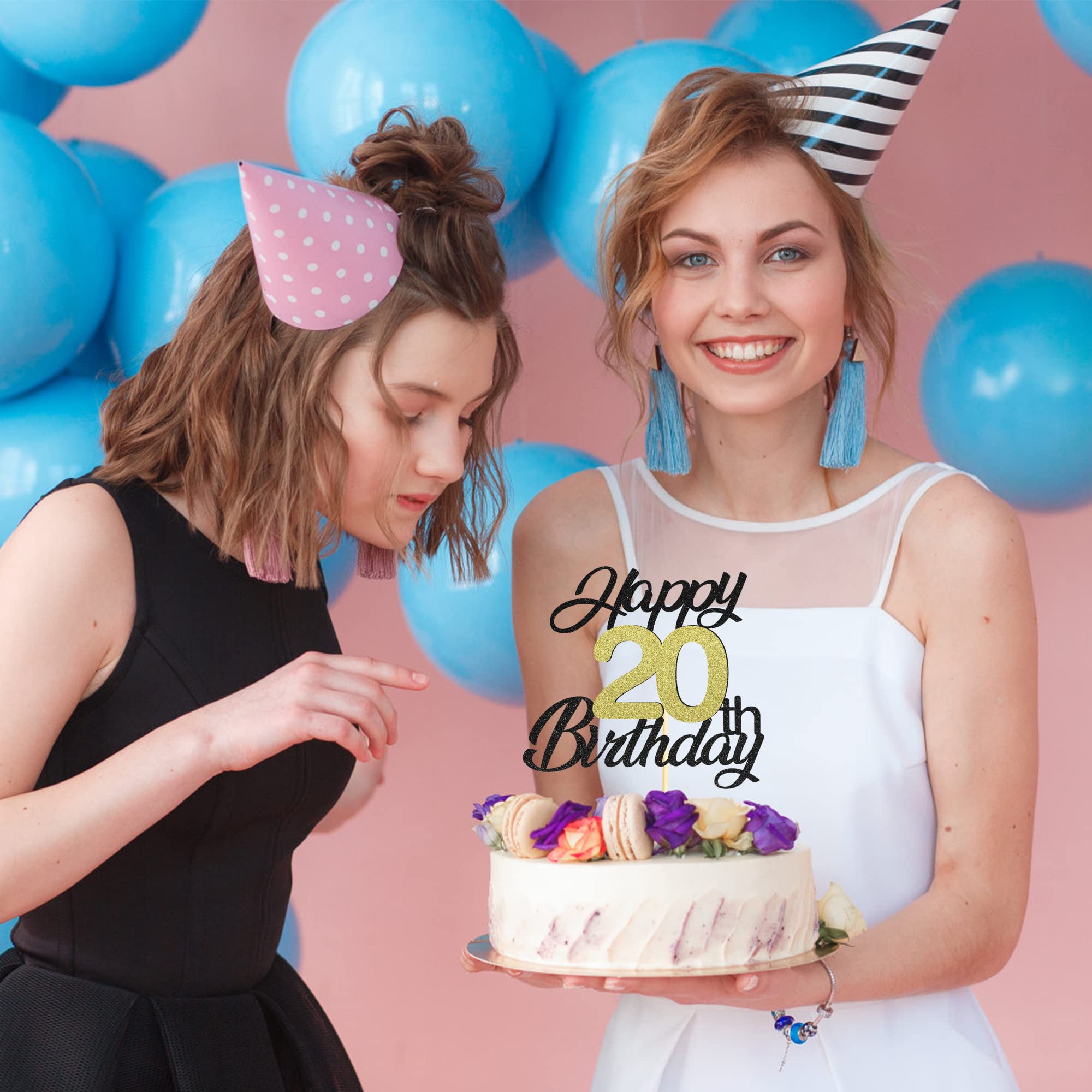 Happy 20th Birthday Cake Toppers - Black & Gold Glitter 20th Birthday Decorations for Women, Men - Elegant 20 Cake Topper for Birthday Parties, Anniversaries & Celebrations - Perfect for Milestone Birthdays, Graduations & Special Occasions