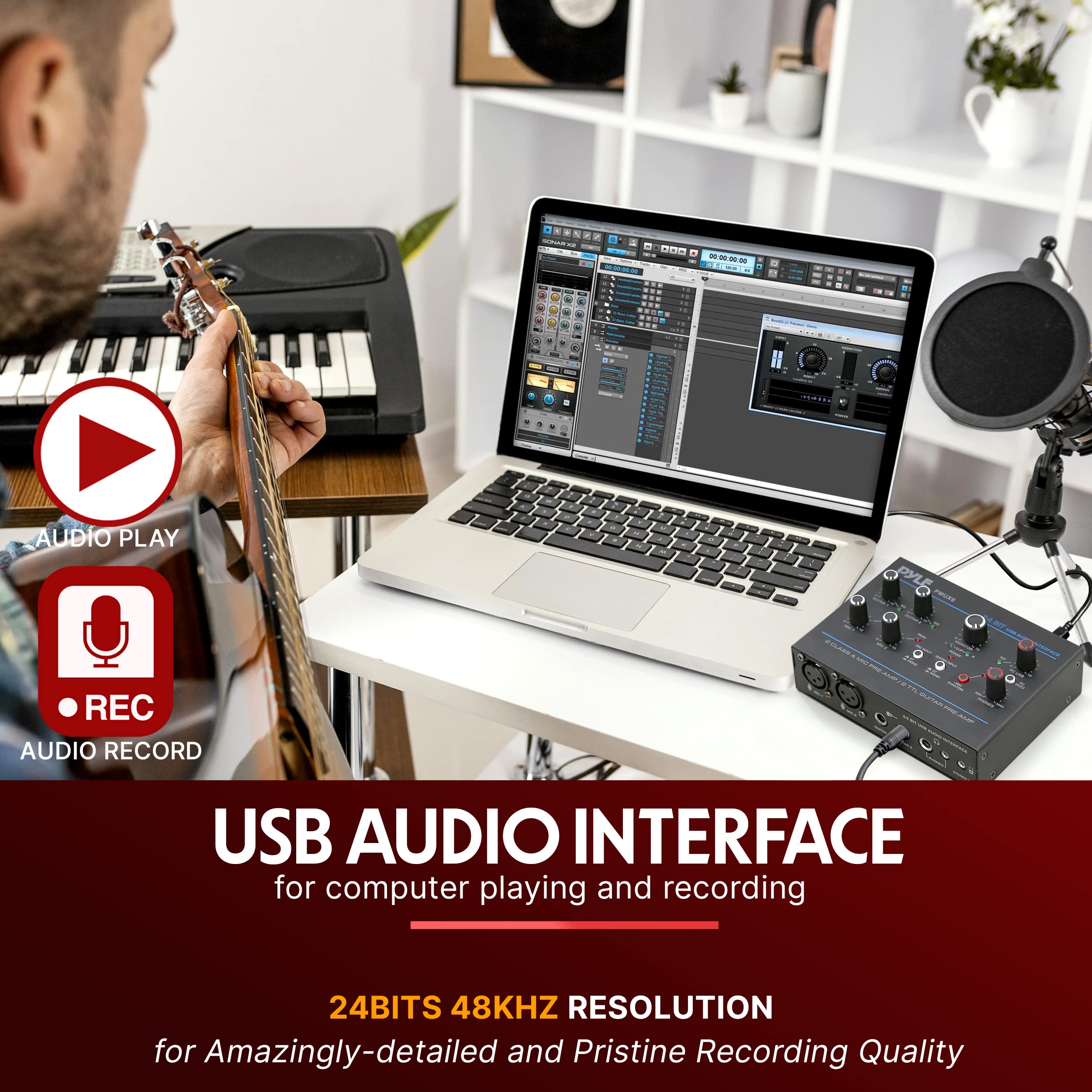Pyle Professional USB Audio Interface with MIC, Guitar, AUX Stereo Inputs, Phone/Monitor Outputs - Compact Metal Housing for Computer Recording, Podcasting & Live Streaming (Model PMUX6) | Perfect for Home Studios, Musicians & Content Creators