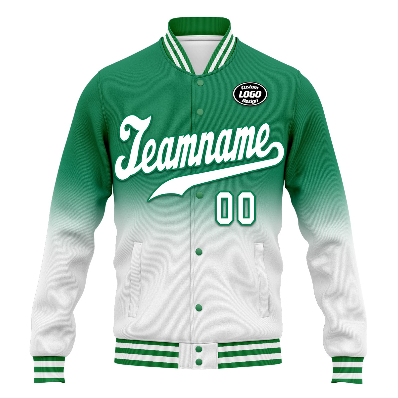 Custom Green & White Fade Bomber Jacket - Personalized Varsity Letterman Jacket with Full Snap Closure (Style FZ005 D020229) - Perfect for School Spirit, Sports Events & Streetwear Fashion