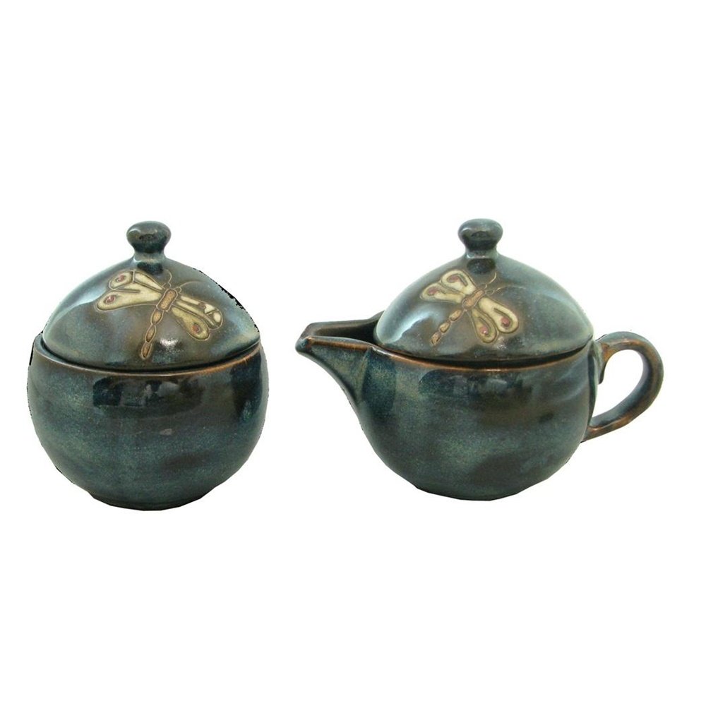 Handmade Mexican Pottery Creamer and Sugar Bowl Set - Blue Dragonfly Design - Perfect for Tea, Coffee & Home Decor - Unique Collectible Gift