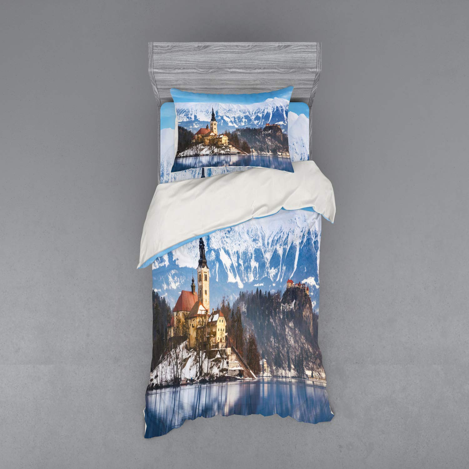 Ambesonne Winter Duvet Cover Set - Lake Bled Slovenia Scenic European Travel Photo Print, 3-Piece Bedding Set with Pillow Sham & Fitted Sheet, Twin Size, Multicolor - Cozy Bedroom Decor for Winter & Travel Enthusiasts