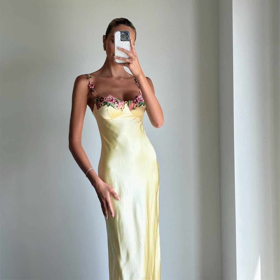 CRUZ Soft Yellow Strappy Bustier Maxi Dress for Women - Elegant Summer Beach Wedding Party Dress with Flowy Skirt & Adjustable Straps | Perfect for Vacations, Date Nights & Special Occasions