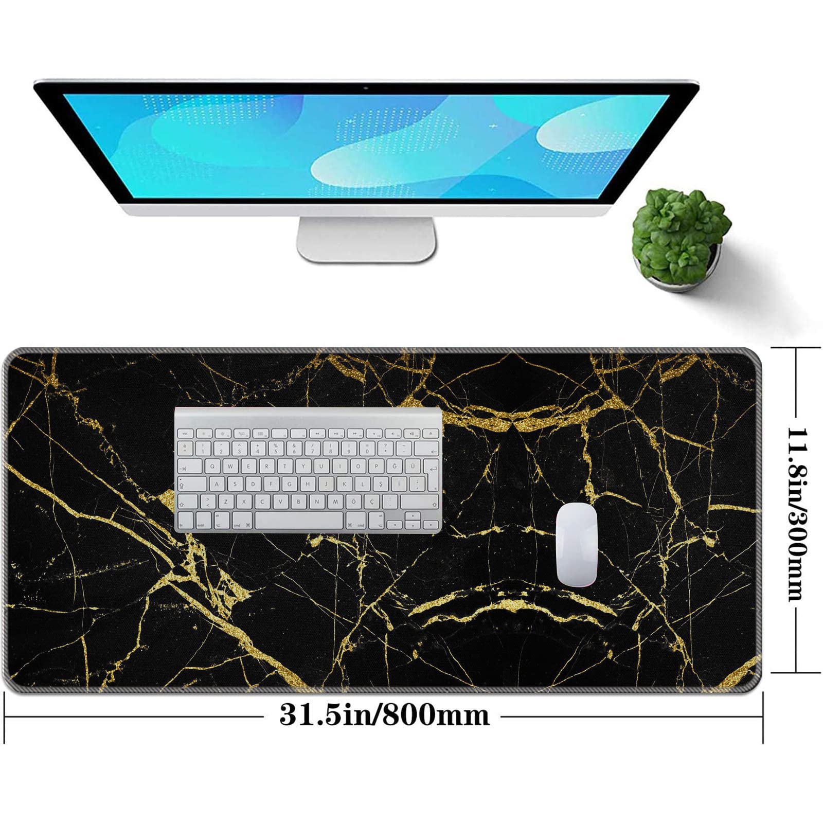 Premium Extended Gaming Mouse Pad - Large Black Gold Marble Design with Stitched Edges (31.5x11.8x0.1inch) - Non-Slip Base for PC, Laptop, Office & Home Use - Perfect for Gaming, Work & Daily Computing Tasks
