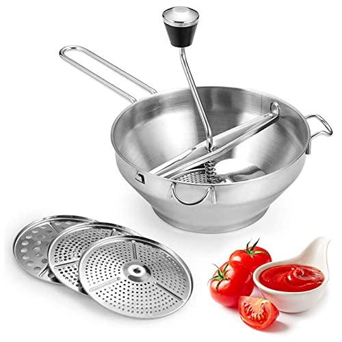 Stainless Steel Manual Food Mill with 3 Interchangeable Grinding Plates - Anti-Slip Handle & Soft Grip for Easy Pureeing - Perfect for Mashed Potatoes, Baby Food, Sauces & More - Ideal for Home Cooking, Meal Prep & Healthy Eating