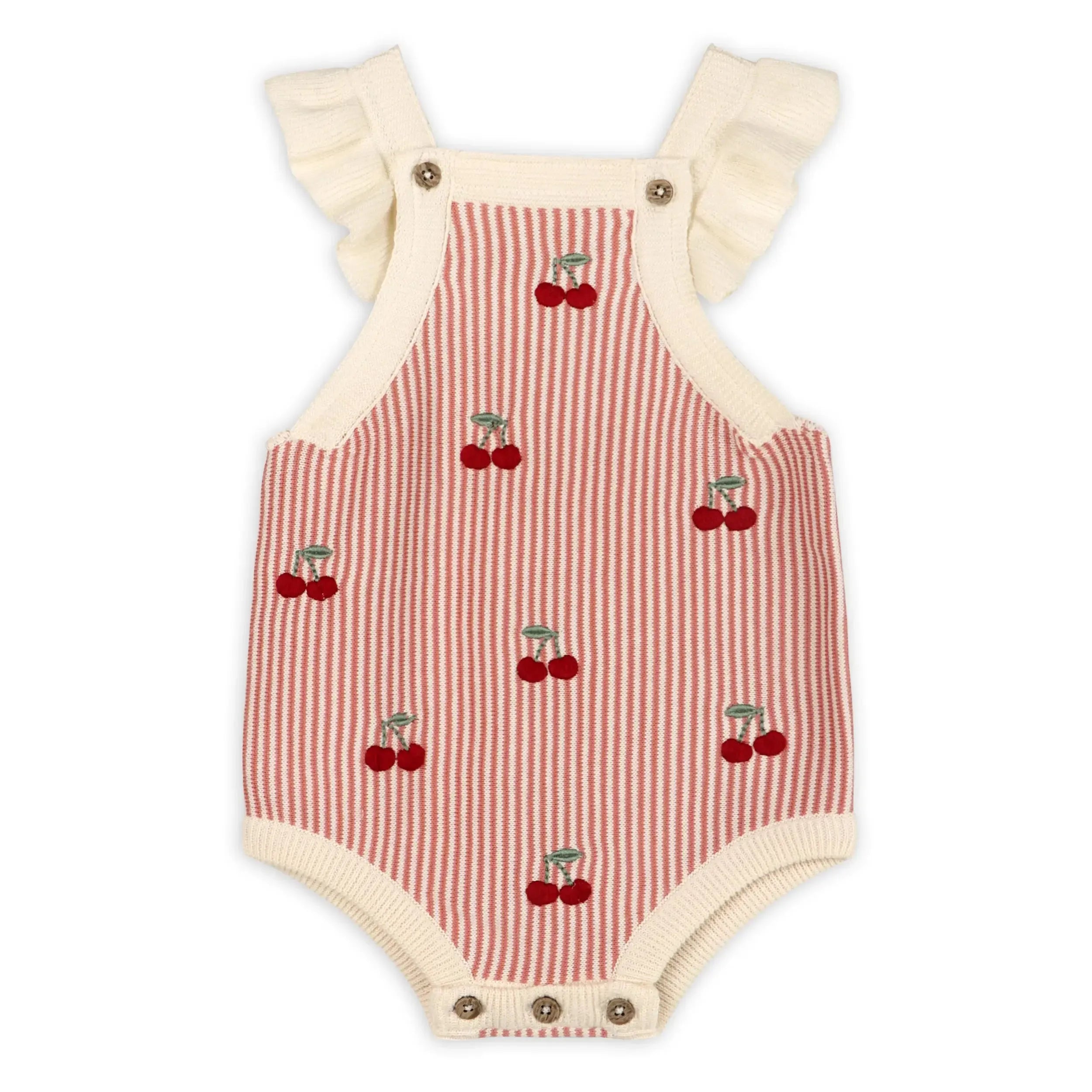 Viverano Organic Embroidered Ruffle Romper Set for Baby Girls - Cherry Stripes Design | Soft Cotton Outfit for Newborn, Infant & Toddler | Perfect for Photoshoots, Parties & Everyday Wear