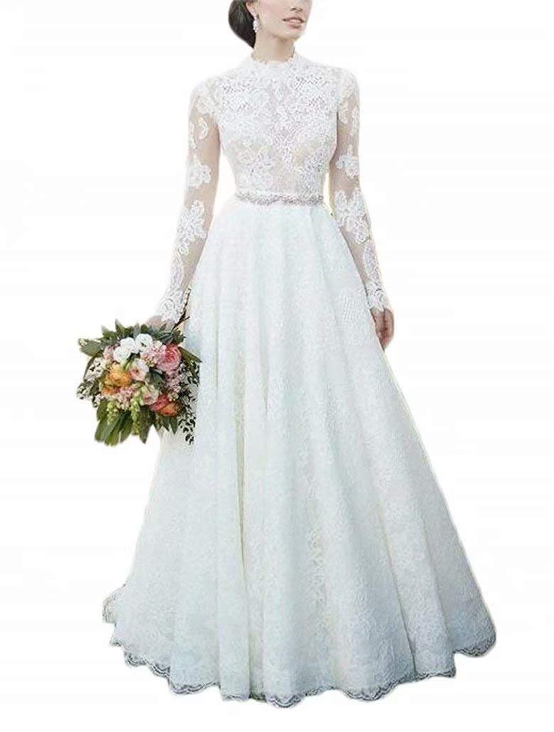 Elegant White Lace Wedding Dress with Long Sleeves & Beaded Rhinestones - Vintage 2019 Bridal Gown for Women - Perfect for Church Ceremonies, Beach Weddings & Formal Receptions