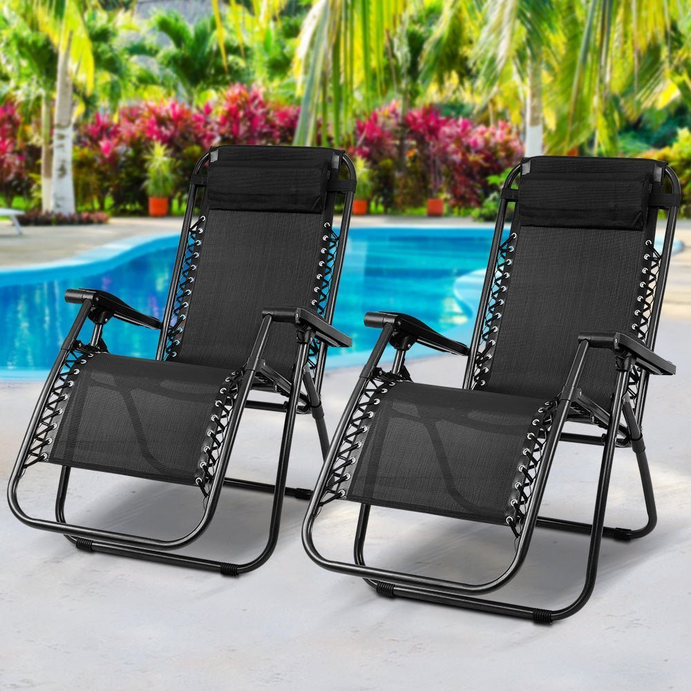 2PC Zero Gravity Chair Folding Outdoor Recliner - Adjustable Sun Lounge Chair for Patio, Beach, Poolside & Camping - Heavy Duty Support & Comfort - Black (Perfect for Relaxing, Sunbathing & Backyard Lounging)