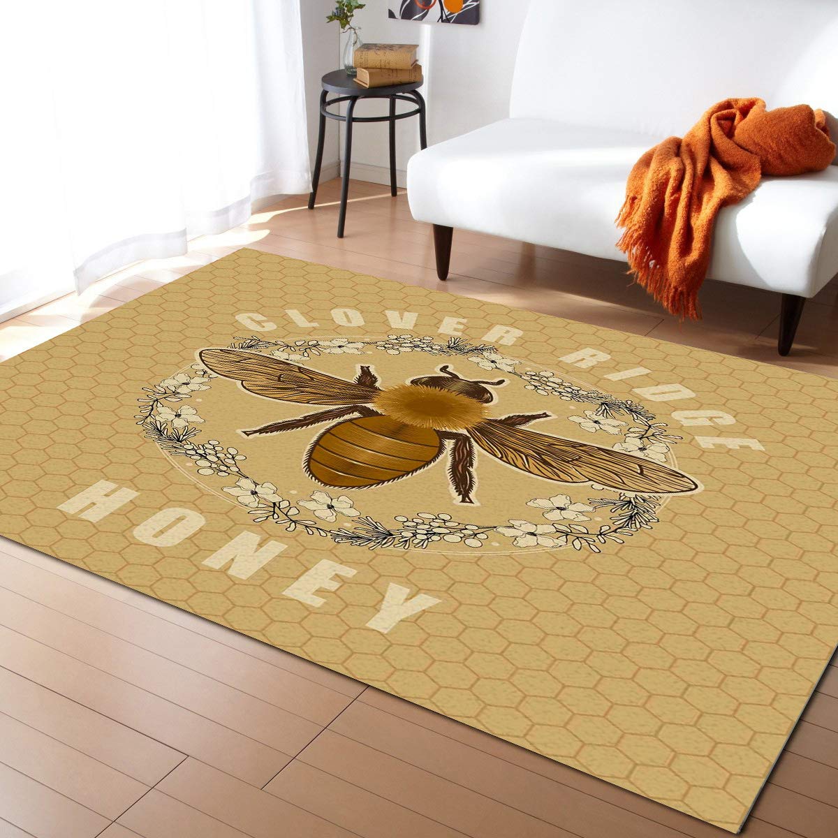 Vintage Honey Brown Bee Floral Area Rug 5'x8' - Washable Indoor Outdoor Rug for Kitchen, Living Room, Bathroom, Bedroom & More | Geometric Comb Pattern Non-Slip Doormat for Home, Office & Classroom Decor