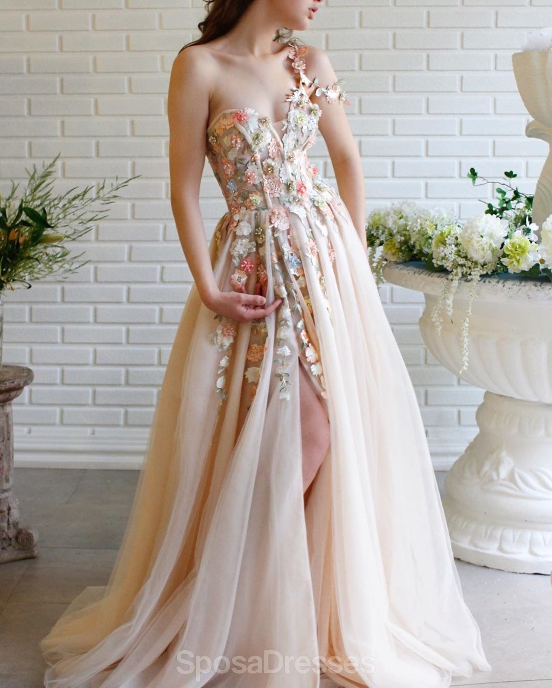 Elegant One Shoulder Lace Flower Long Evening Prom Dress for Women - Formal Gown for Homecoming, Wedding, Party & Special Occasions - Style 12351