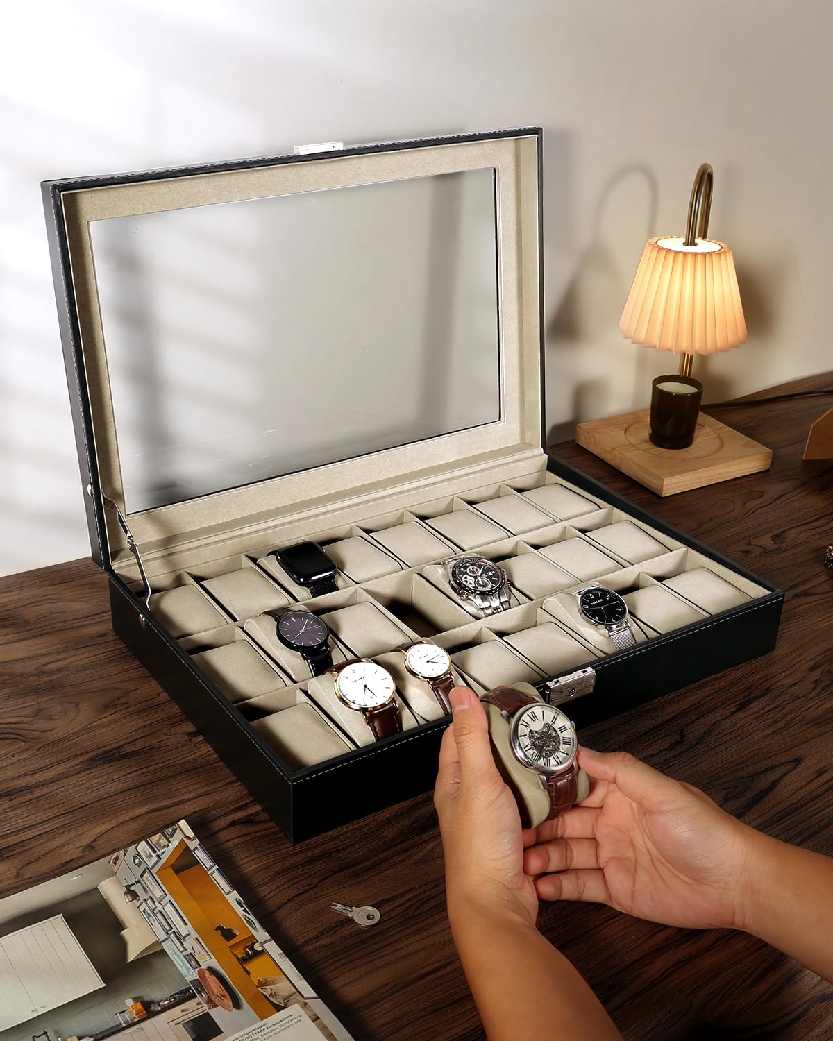 Uten 24-Slot Watch Box Organizer with Large Glass Lid - Jewelry Storage & Display Case for Men & Women - Perfect for Watch Collectors & Gift Giving