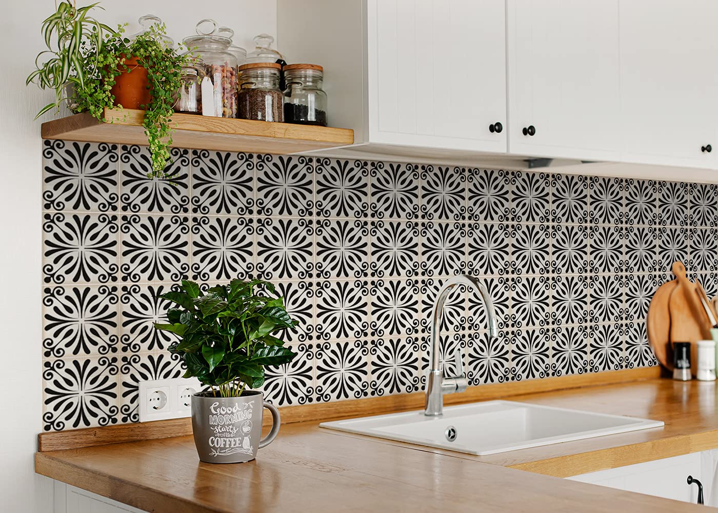 Mi Alma Black and White Peel and Stick Tile Stickers - 24PC Self-Adhesive Backsplash Decals for Kitchen & Bathroom - 8x8 Inch Vinyl Wall Tiles (Victoria Collection) - Easy Home Decor Upgrade for Modern Farmhouse or Apartment Renovation